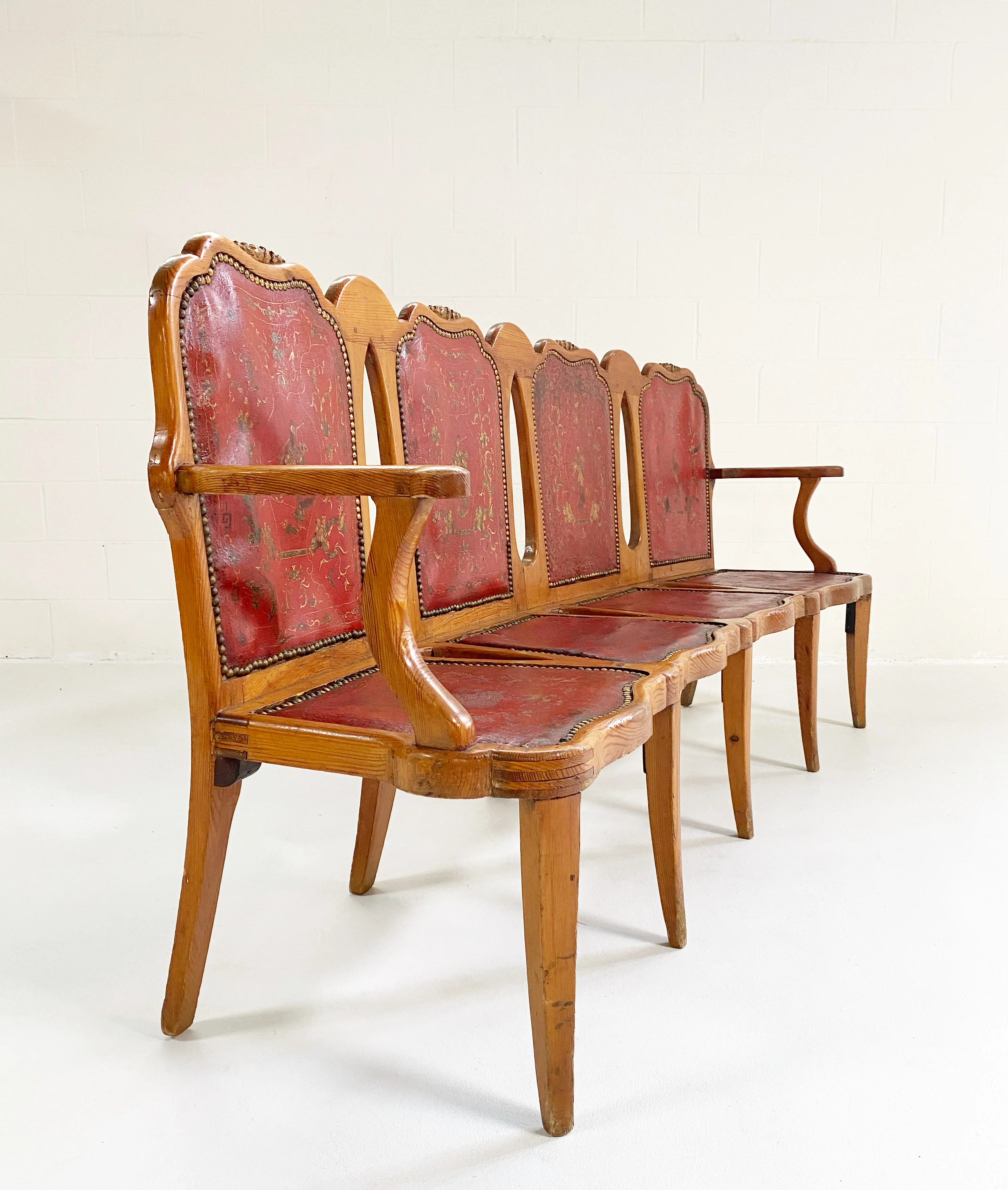 Vintage English Pine and Embossed Leather Bench - Image 2