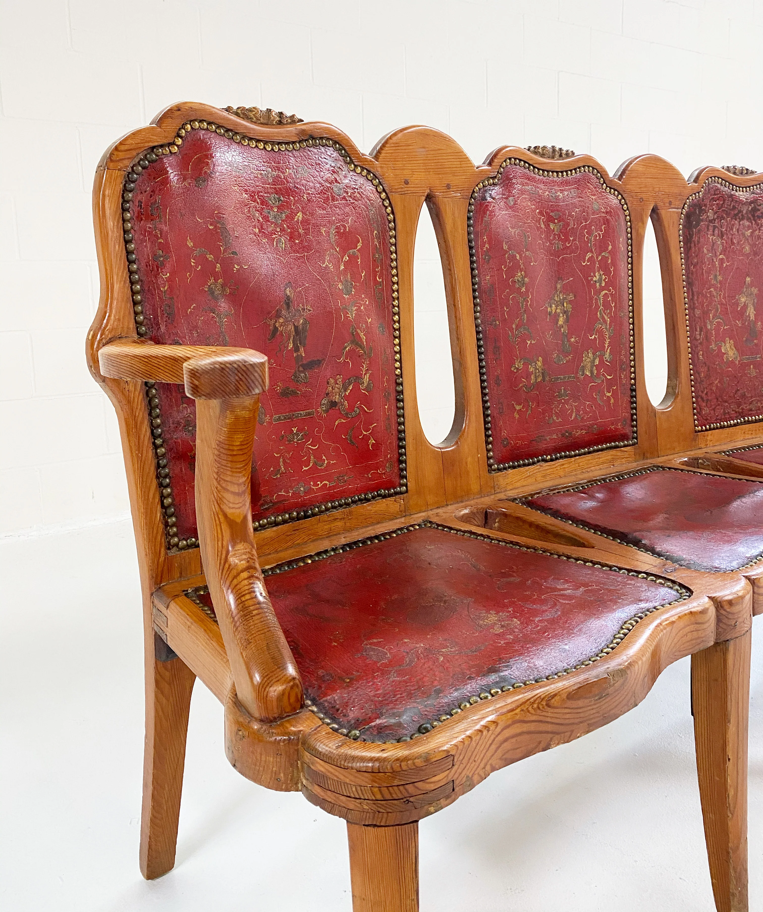 Vintage English Pine and Embossed Leather Bench - Image 3
