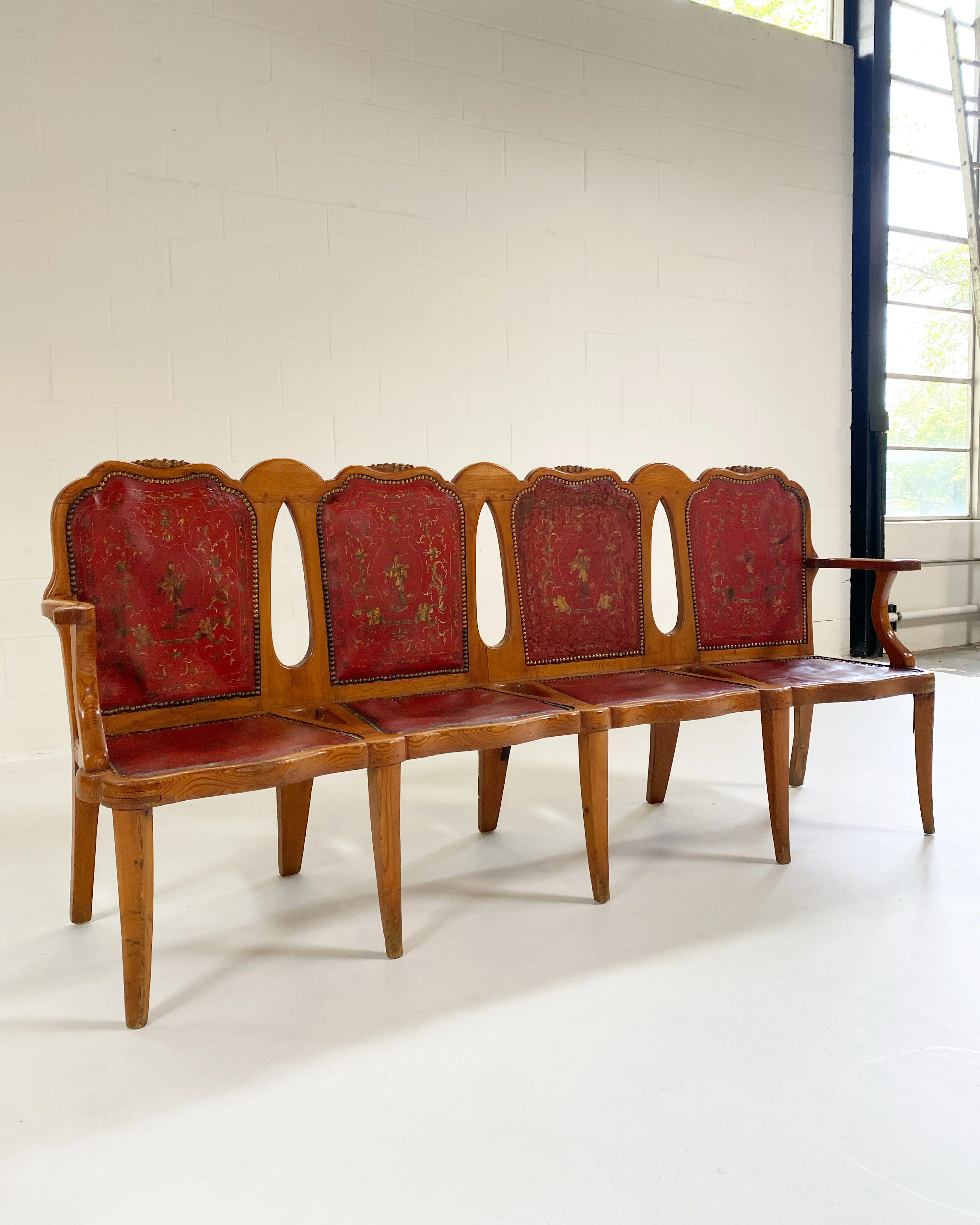 Vintage English Pine and Embossed Leather Bench - Image 4