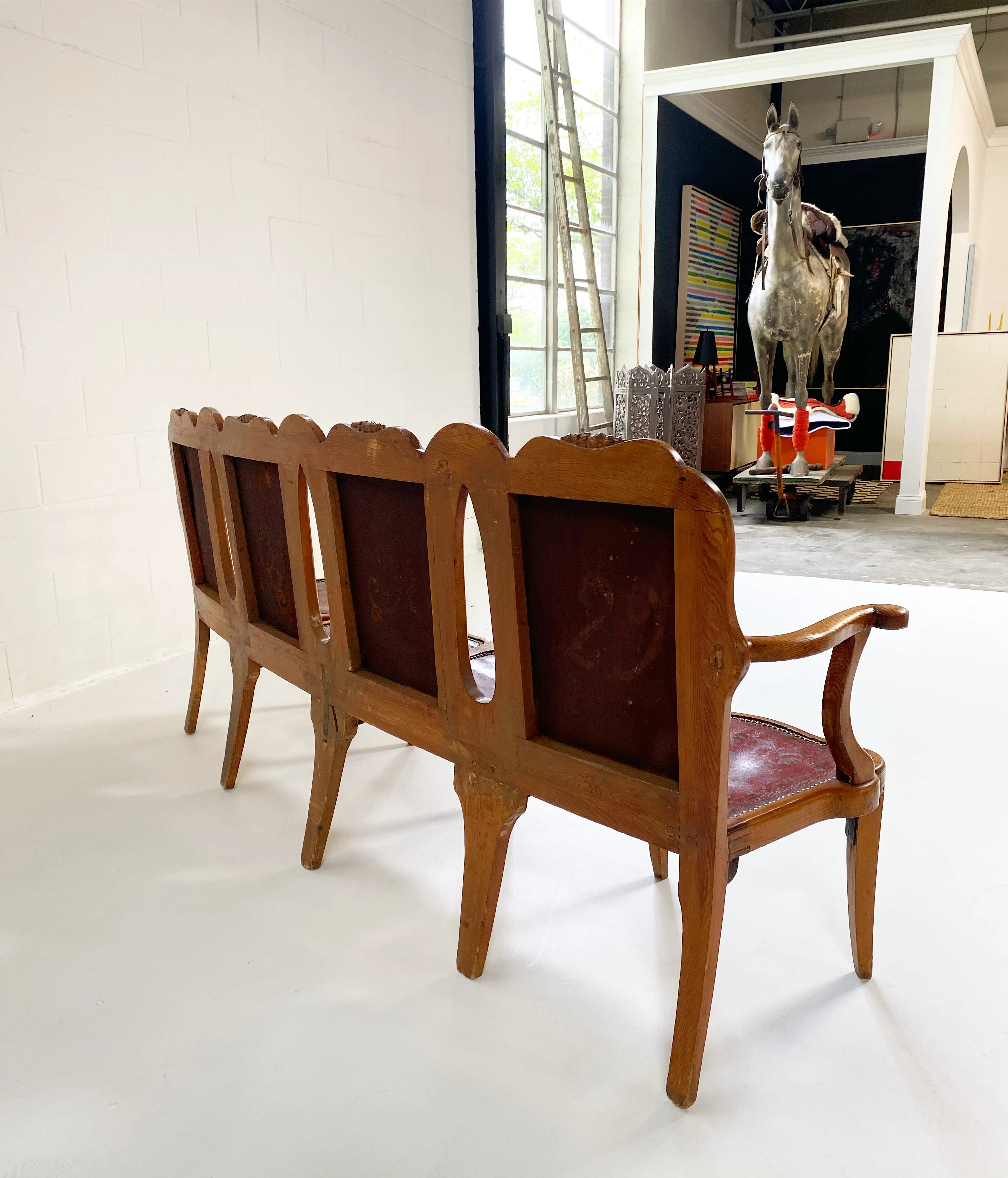 Vintage English Pine and Embossed Leather Bench - Image 5