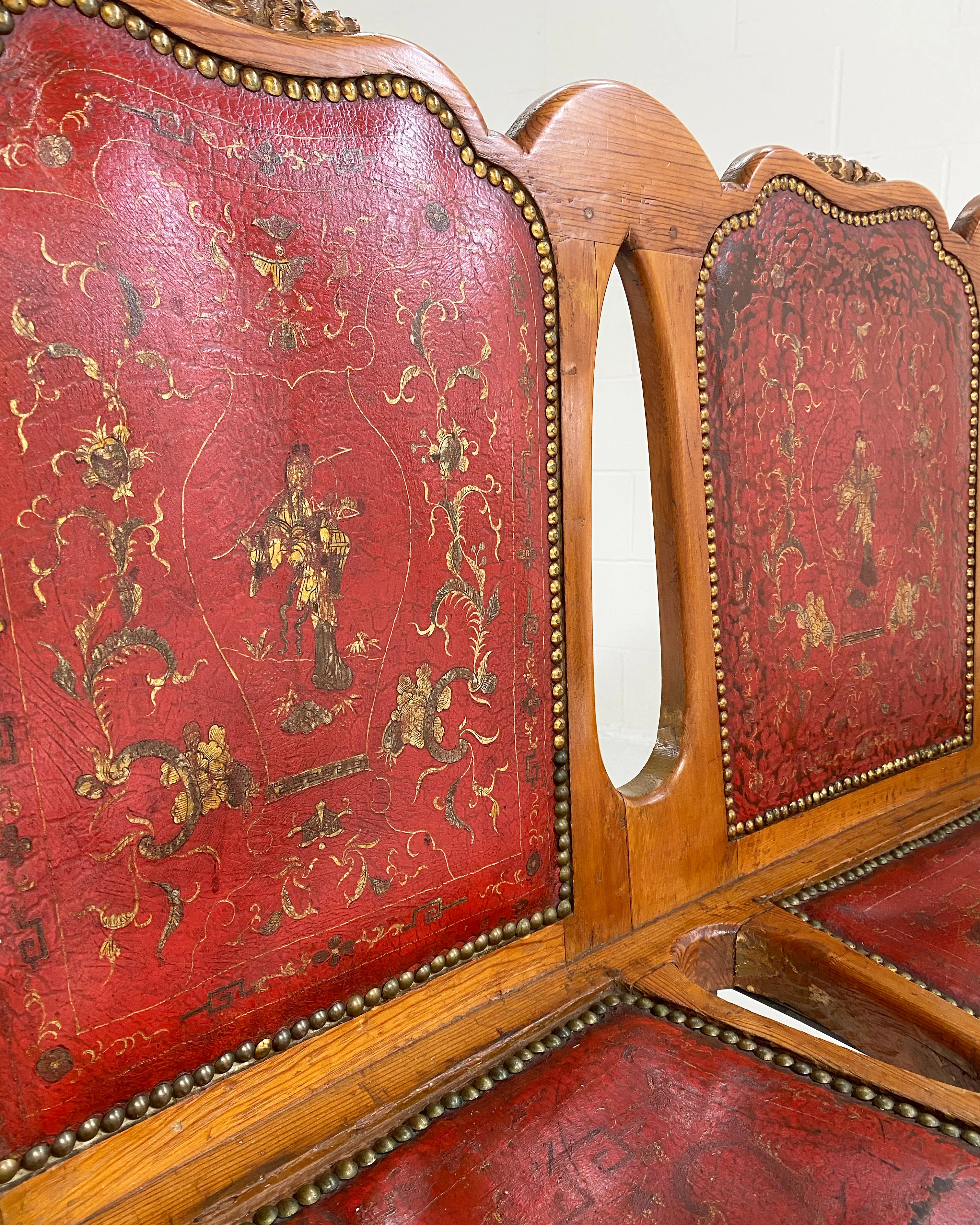 Vintage English Pine and Embossed Leather Bench - Image 6