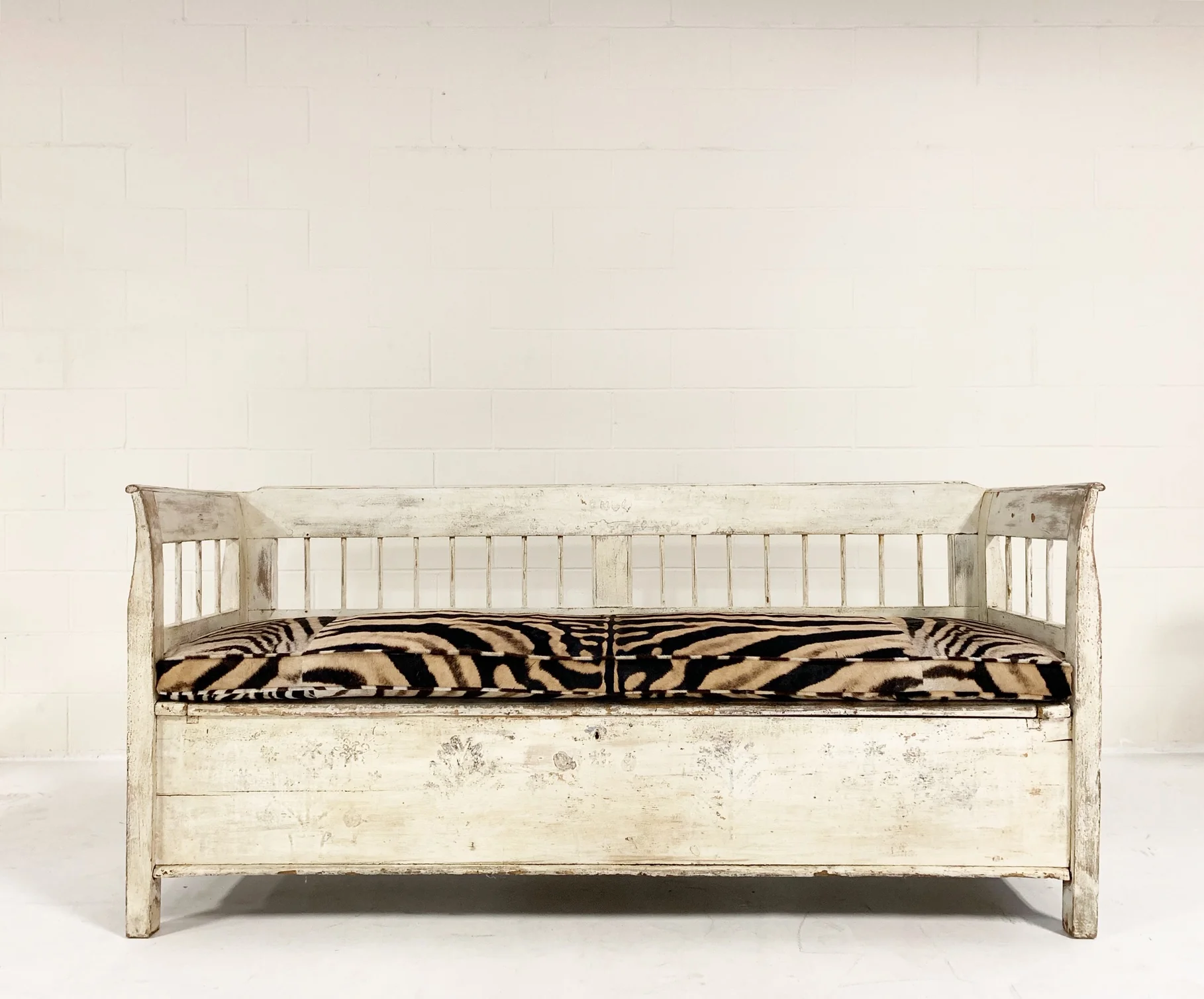 Antique Painted Swedish Bench with Zebra Hide Cushion
