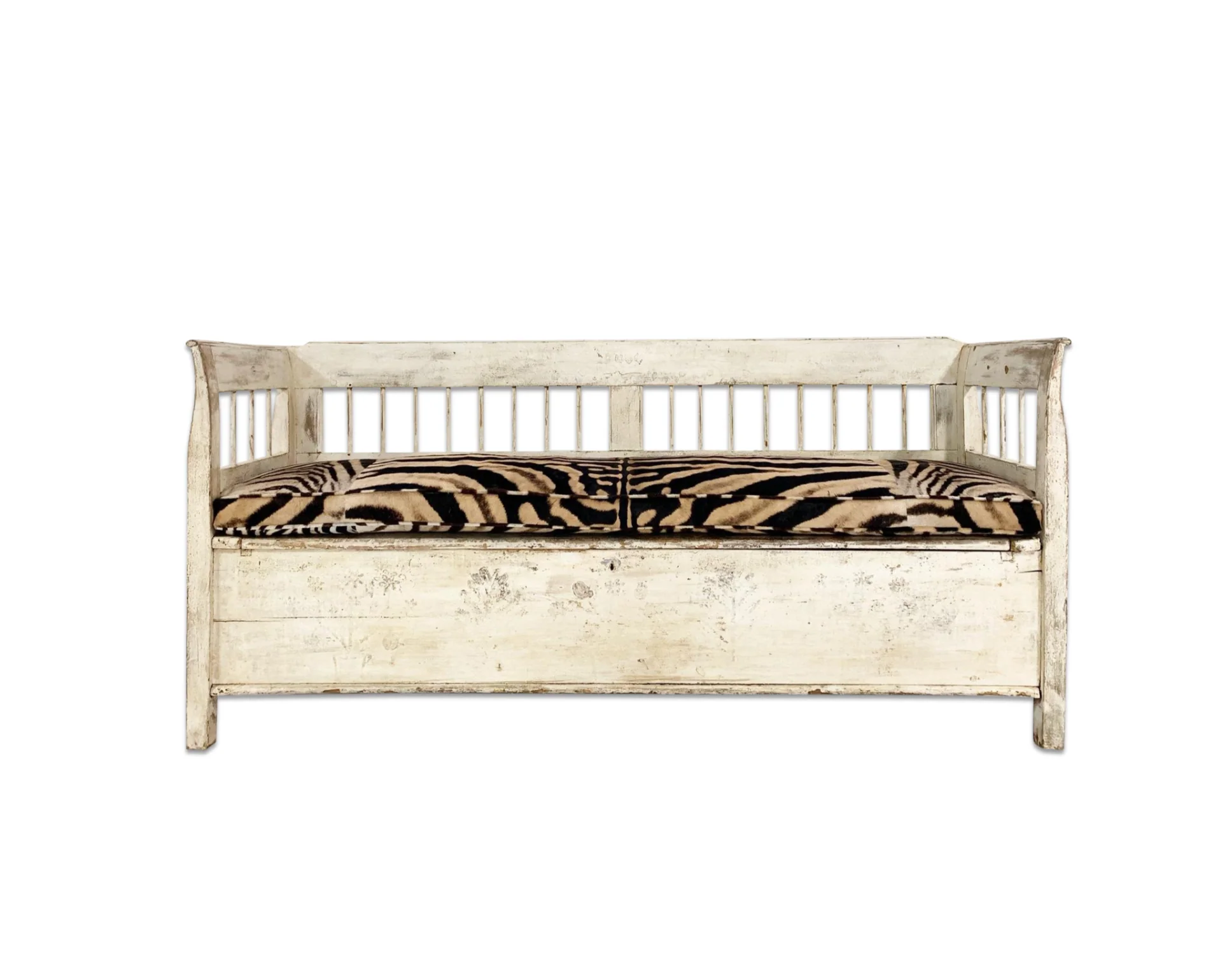 Antique Painted Swedish Bench with Zebra Hide Cushion - Image 10