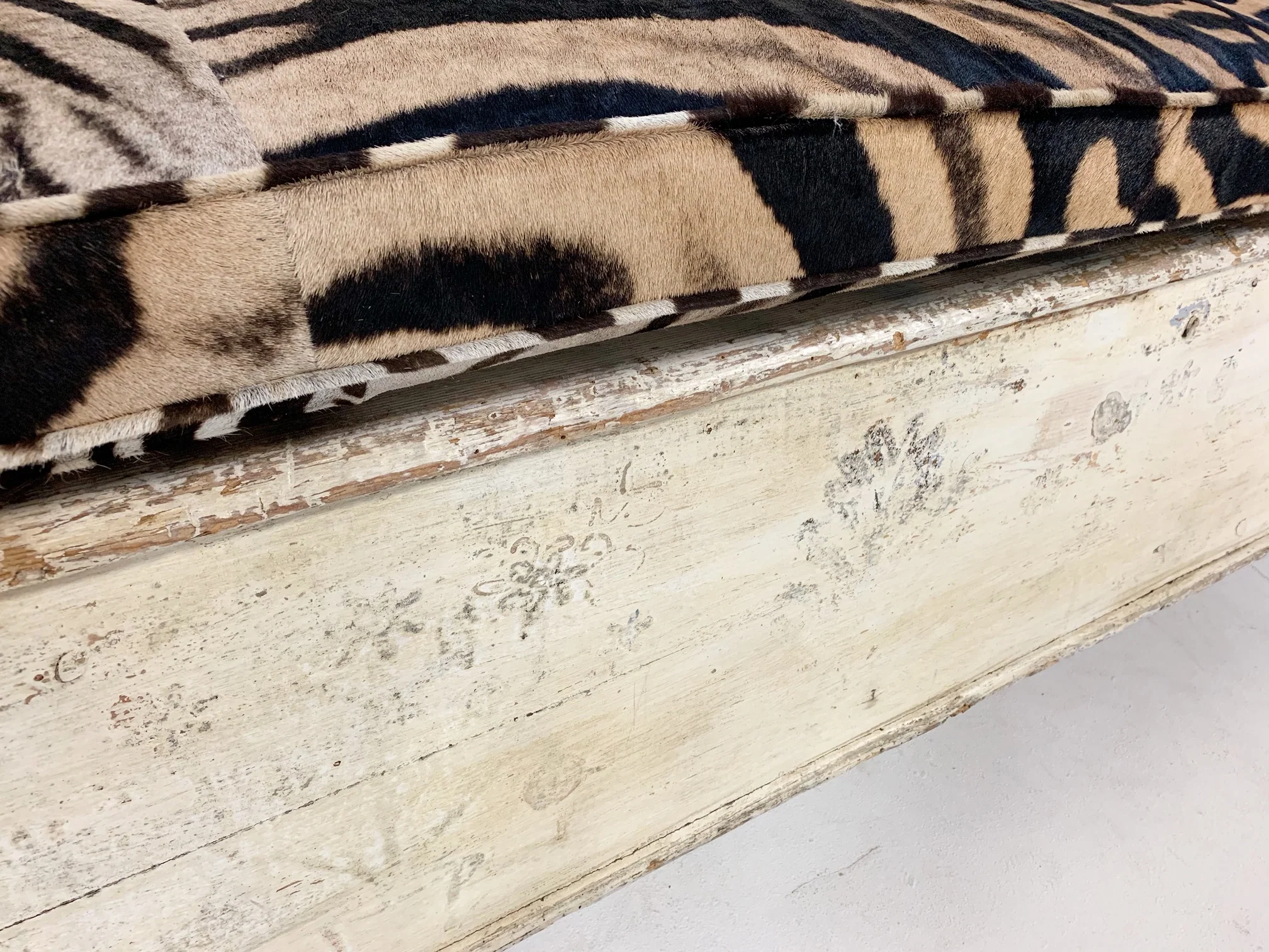 Antique Painted Swedish Bench with Zebra Hide Cushion - Image 2