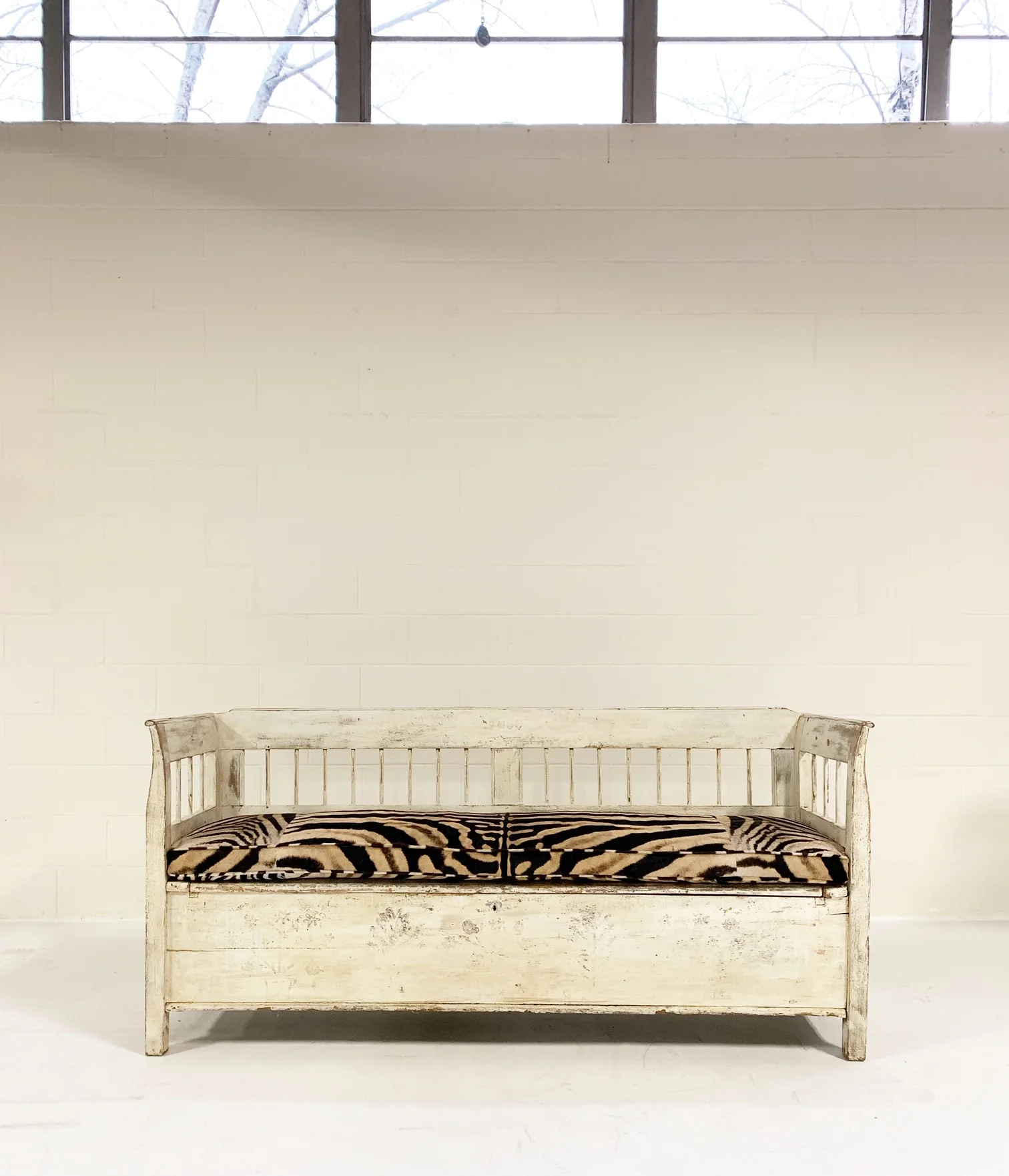 Antique Painted Swedish Bench with Zebra Hide Cushion - Image 3