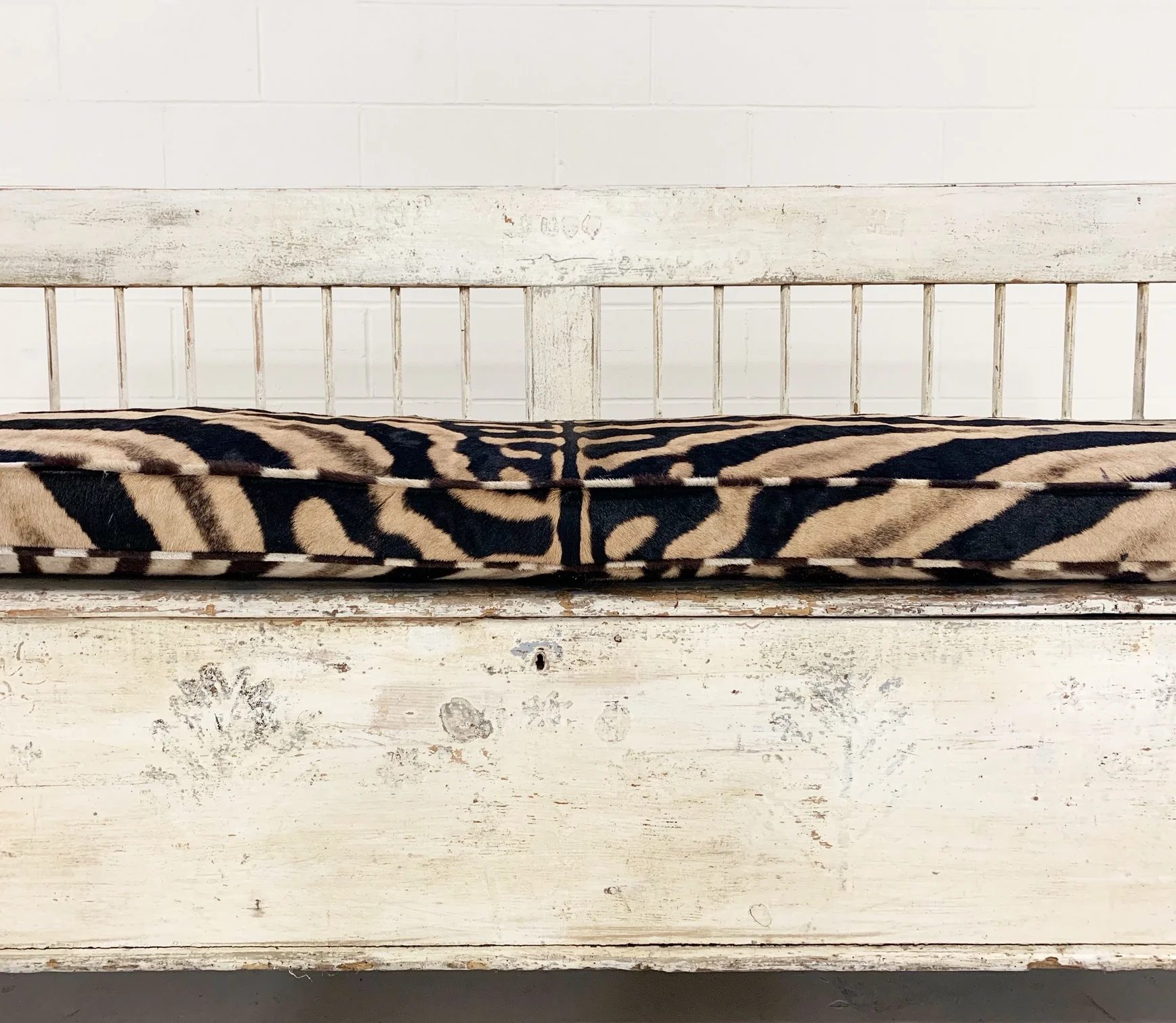 Antique Painted Swedish Bench with Zebra Hide Cushion - Image 4