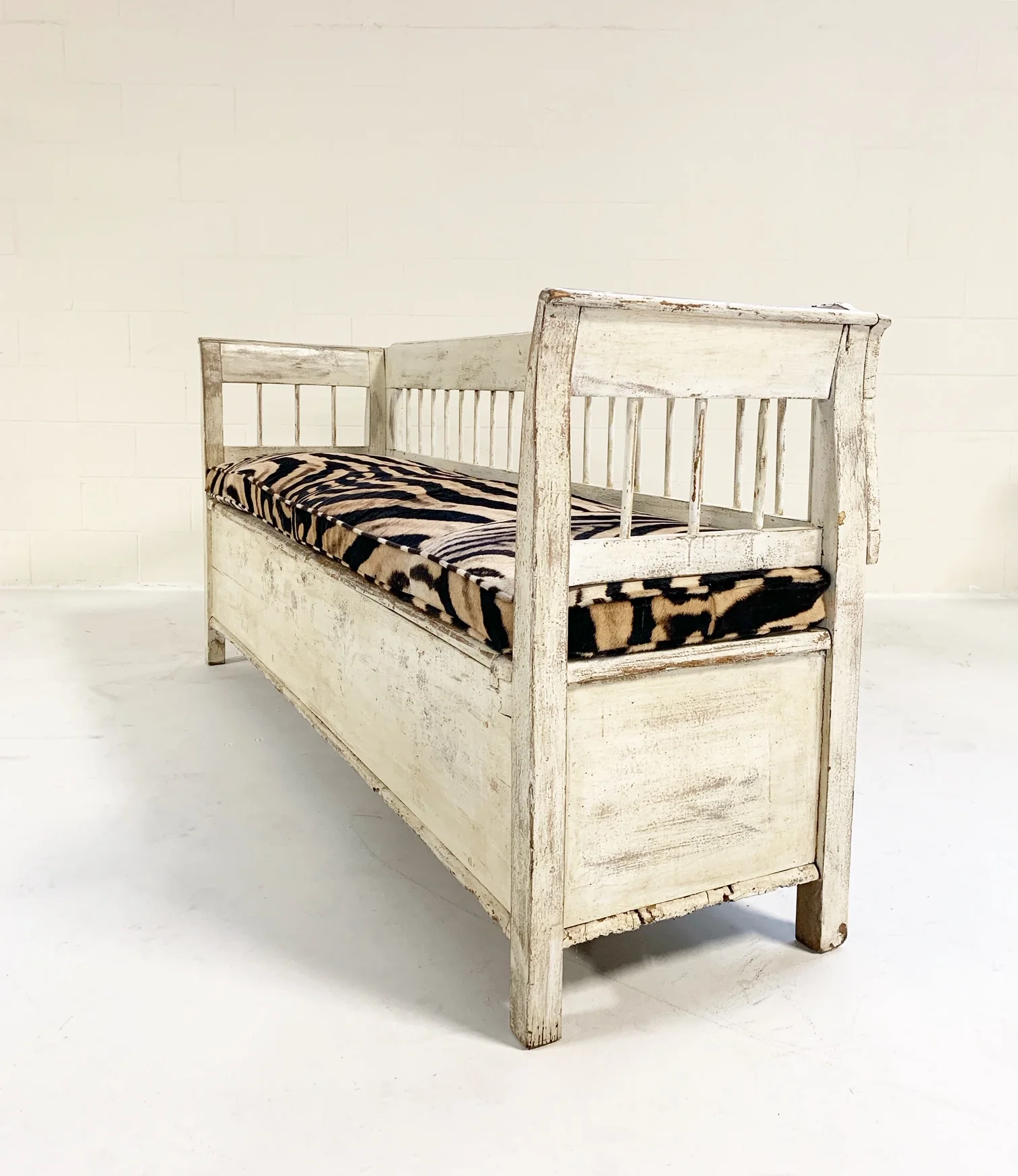 Antique Painted Swedish Bench with Zebra Hide Cushion - Image 5