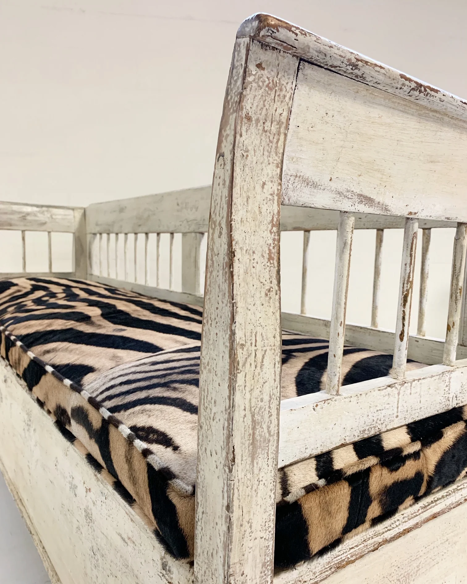 Antique Painted Swedish Bench with Zebra Hide Cushion - Image 6