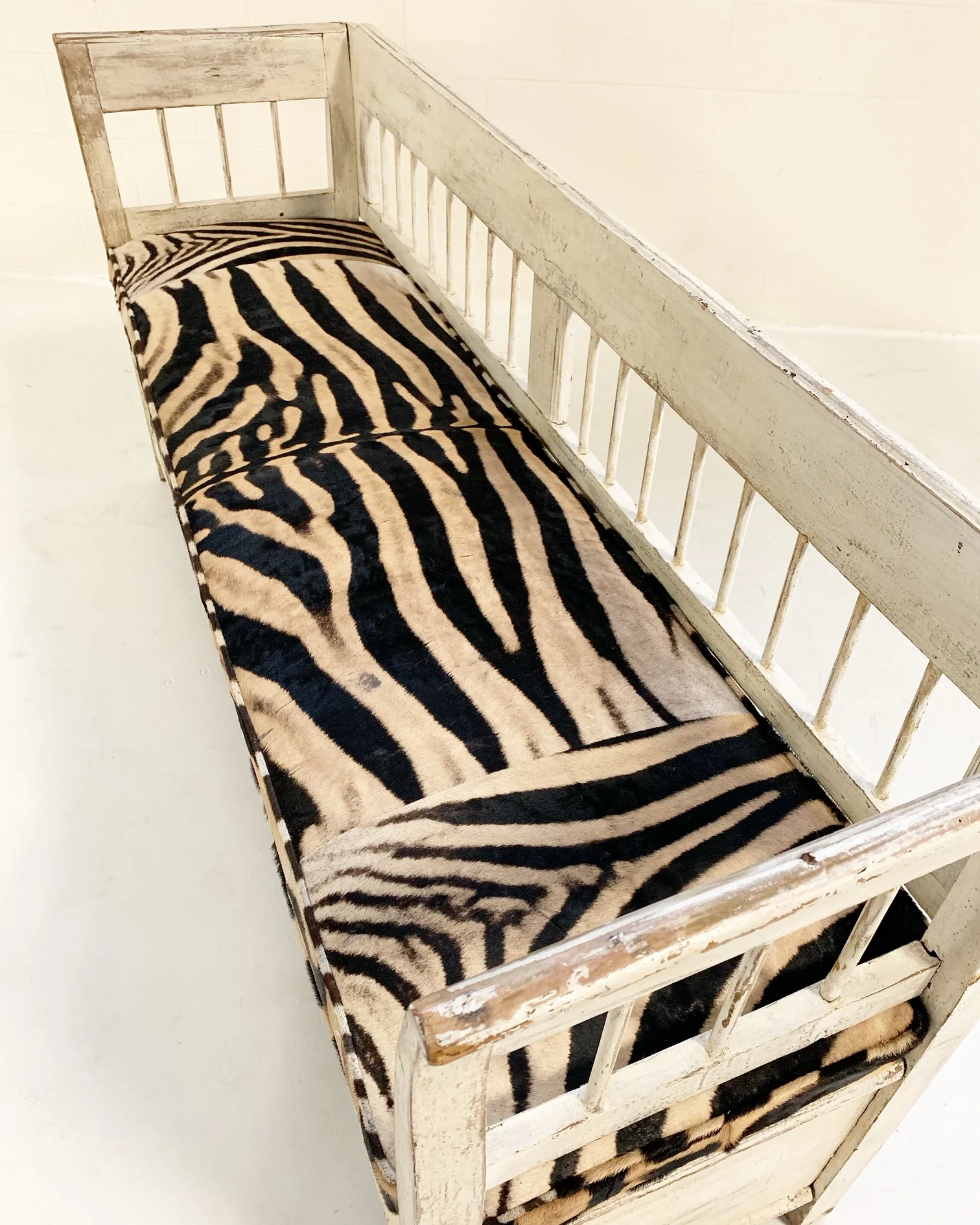 Antique Painted Swedish Bench with Zebra Hide Cushion - Image 7
