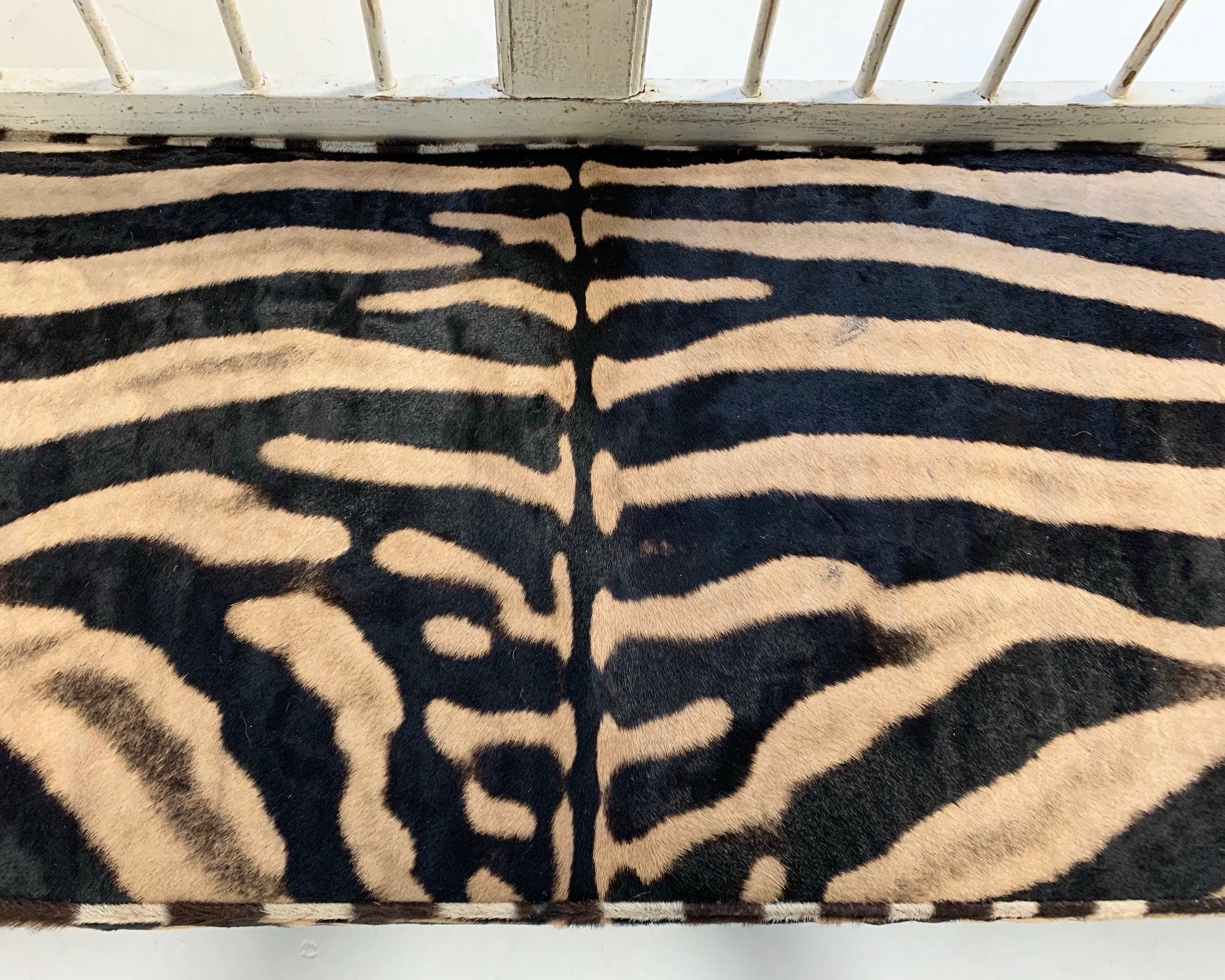 Antique Painted Swedish Bench with Zebra Hide Cushion - Image 8