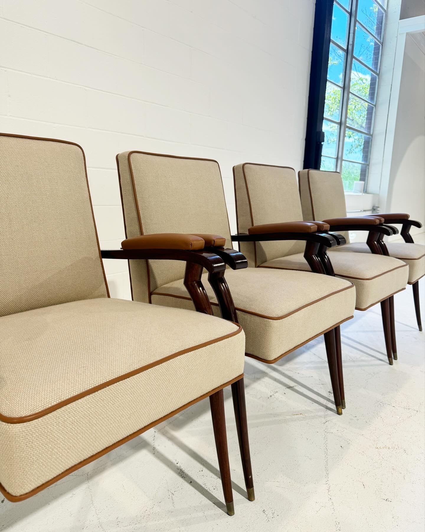Armchairs in Loro Piana Linen and Leather, Set of 4 - Image 5