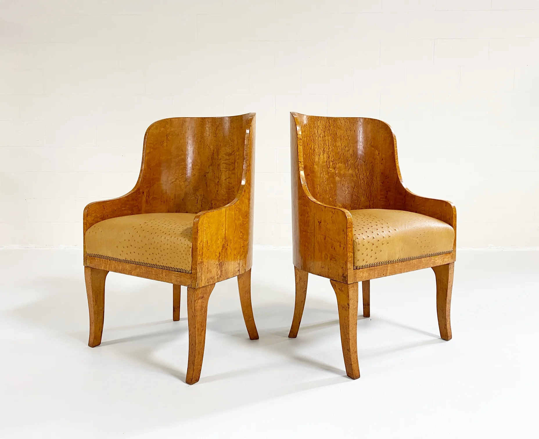Biedermeier Gnarled Birch Armchairs in Ostrich Leather, pair