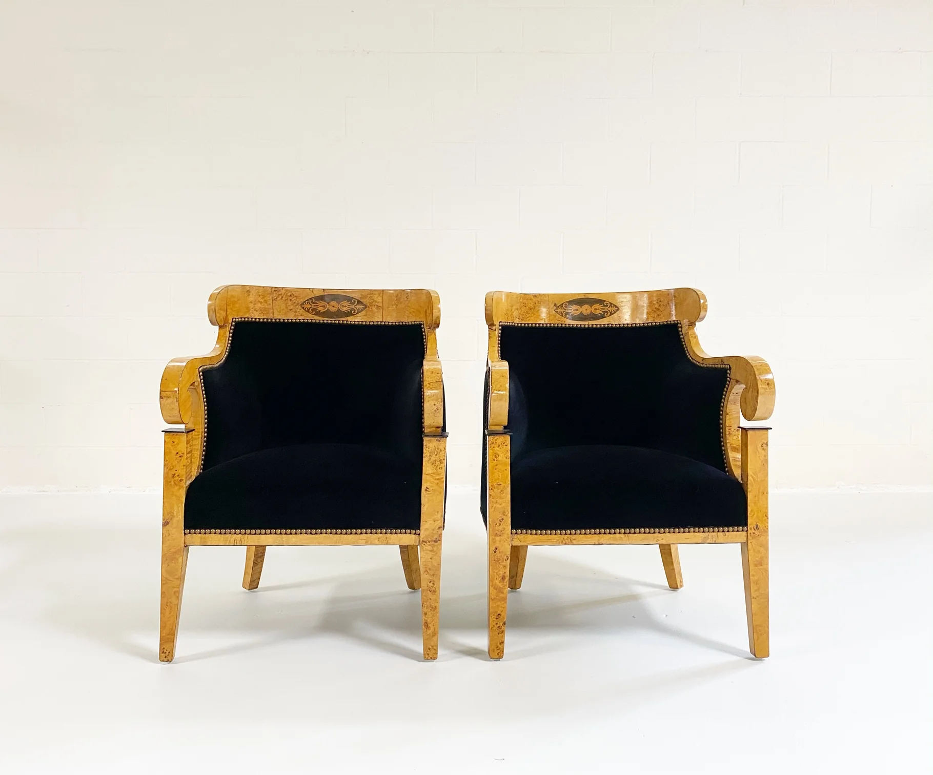 Biedermeier Marquetry Armchairs in Rose Uniacke Velvet, pair - Image 2