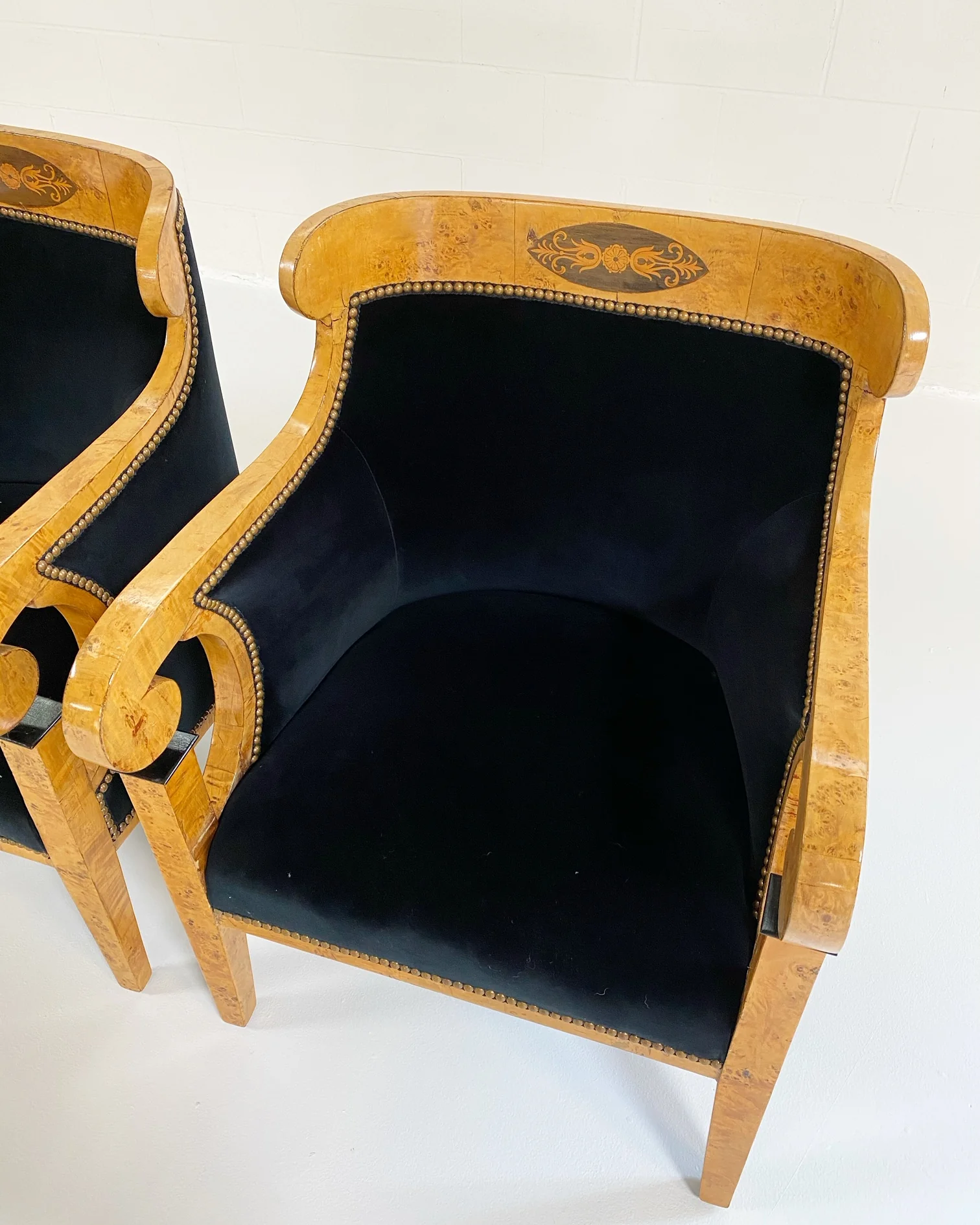 Biedermeier Marquetry Armchairs in Rose Uniacke Velvet, pair - Image 5