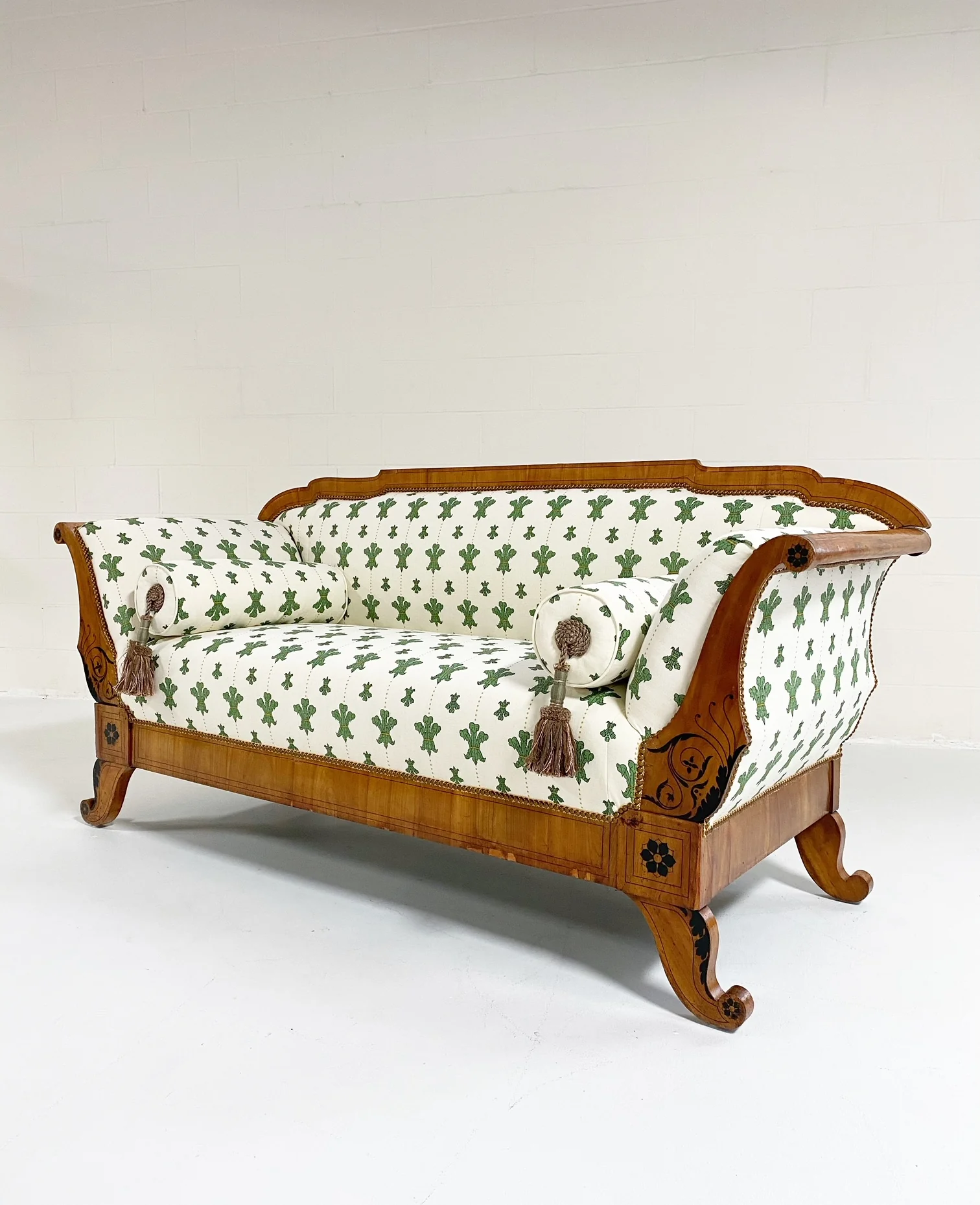 19th Century Biedermeier Parcel Ebonized Walnut Sofa in Beata Heuman "Florentine Flowers" - Image 13