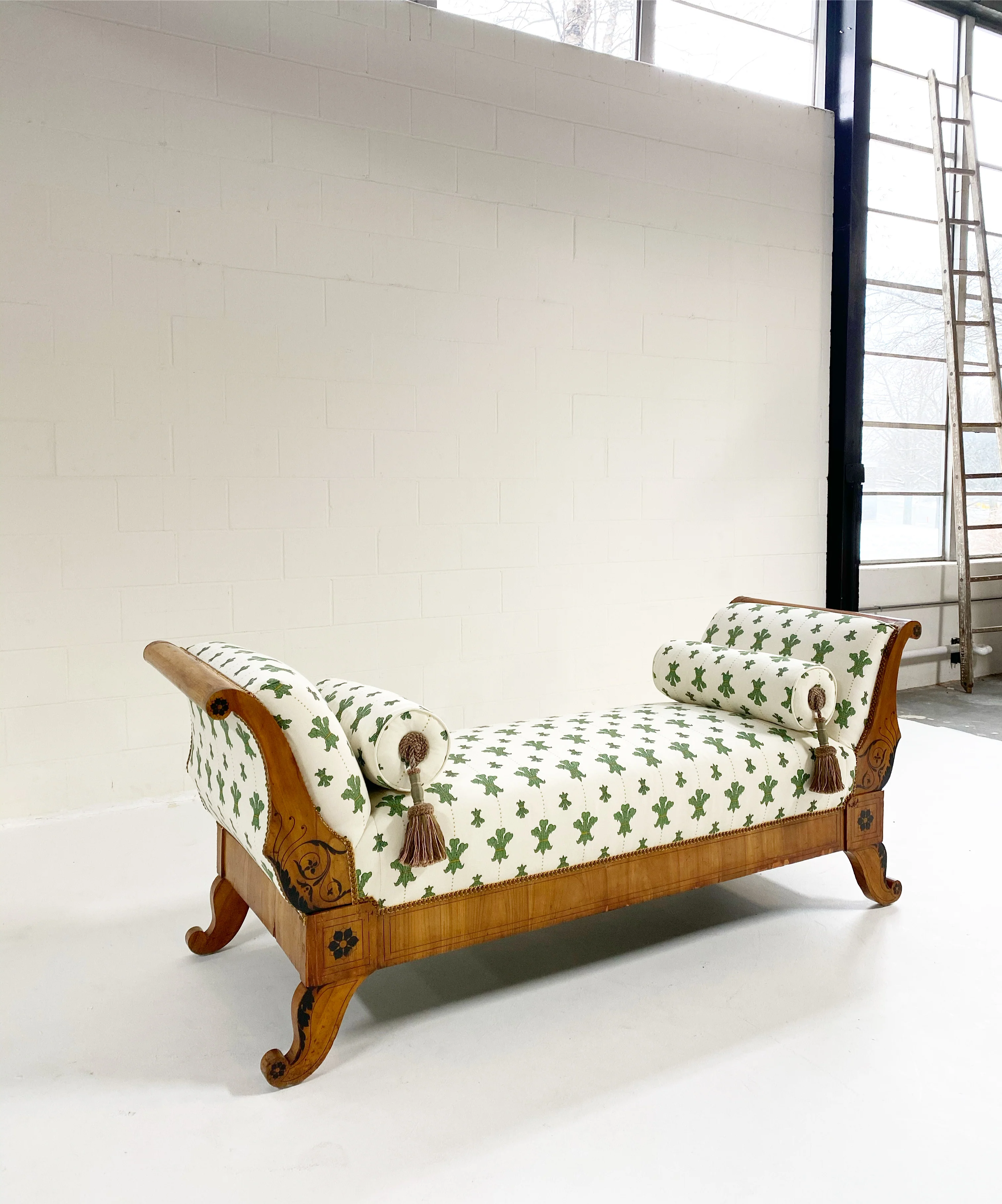 19th Century Biedermeier Parcel Ebonized Walnut Sofa in Beata Heuman "Florentine Flowers" - Image 18