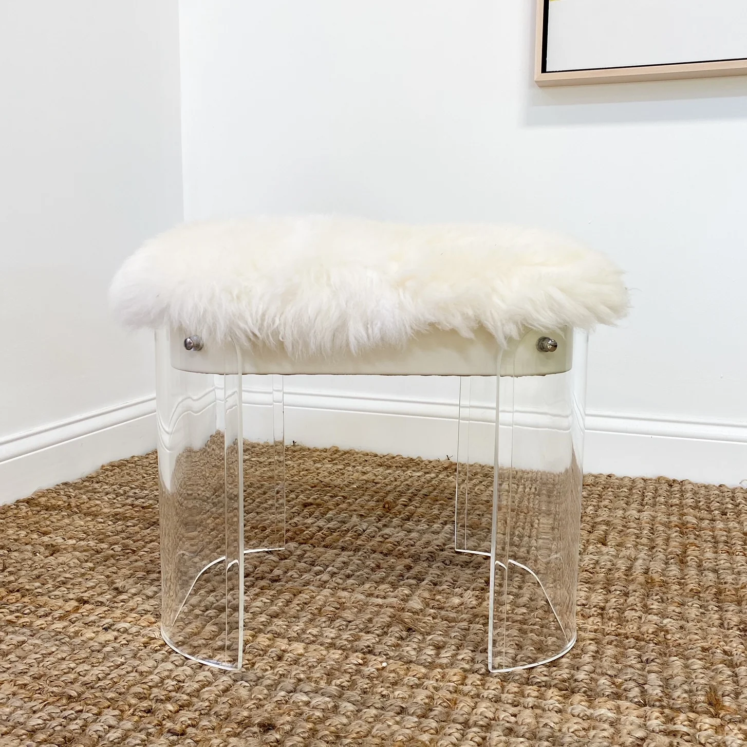 Charles Hollis Jones Style Lucite Vanity Stool in New Zealand Sheepskin - Image 4