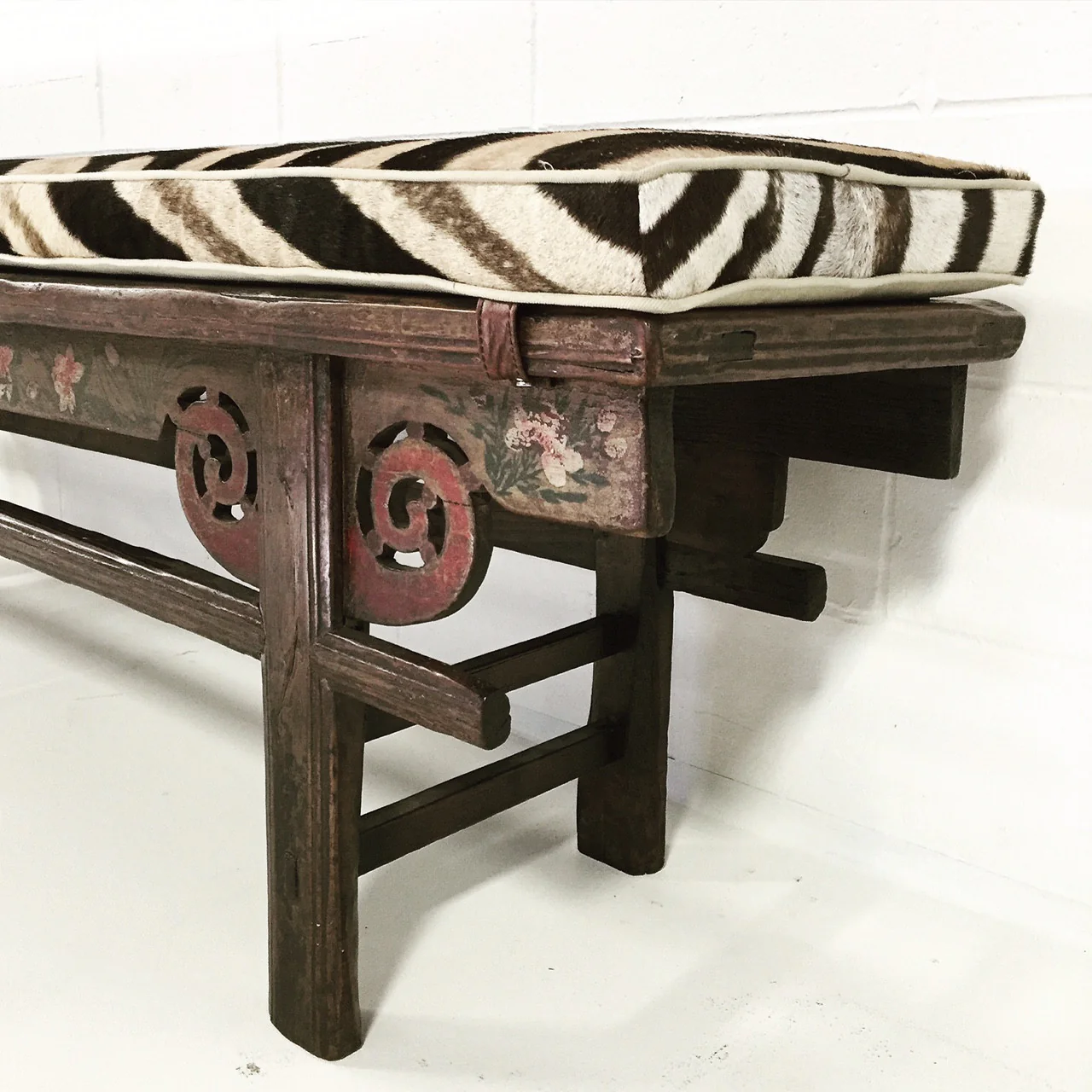 Painted Chinese Bench with Zebra Cushion - Image 5
