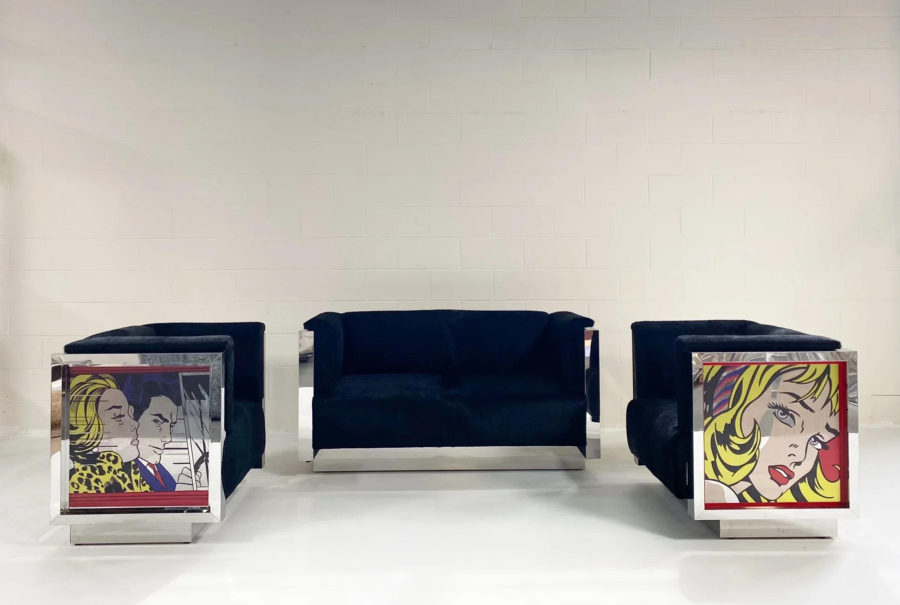 Chrome-plated Loveseat and Lounge Chairs with Lichtenstein Style Art in Brazilian Cowhide - Image 11
