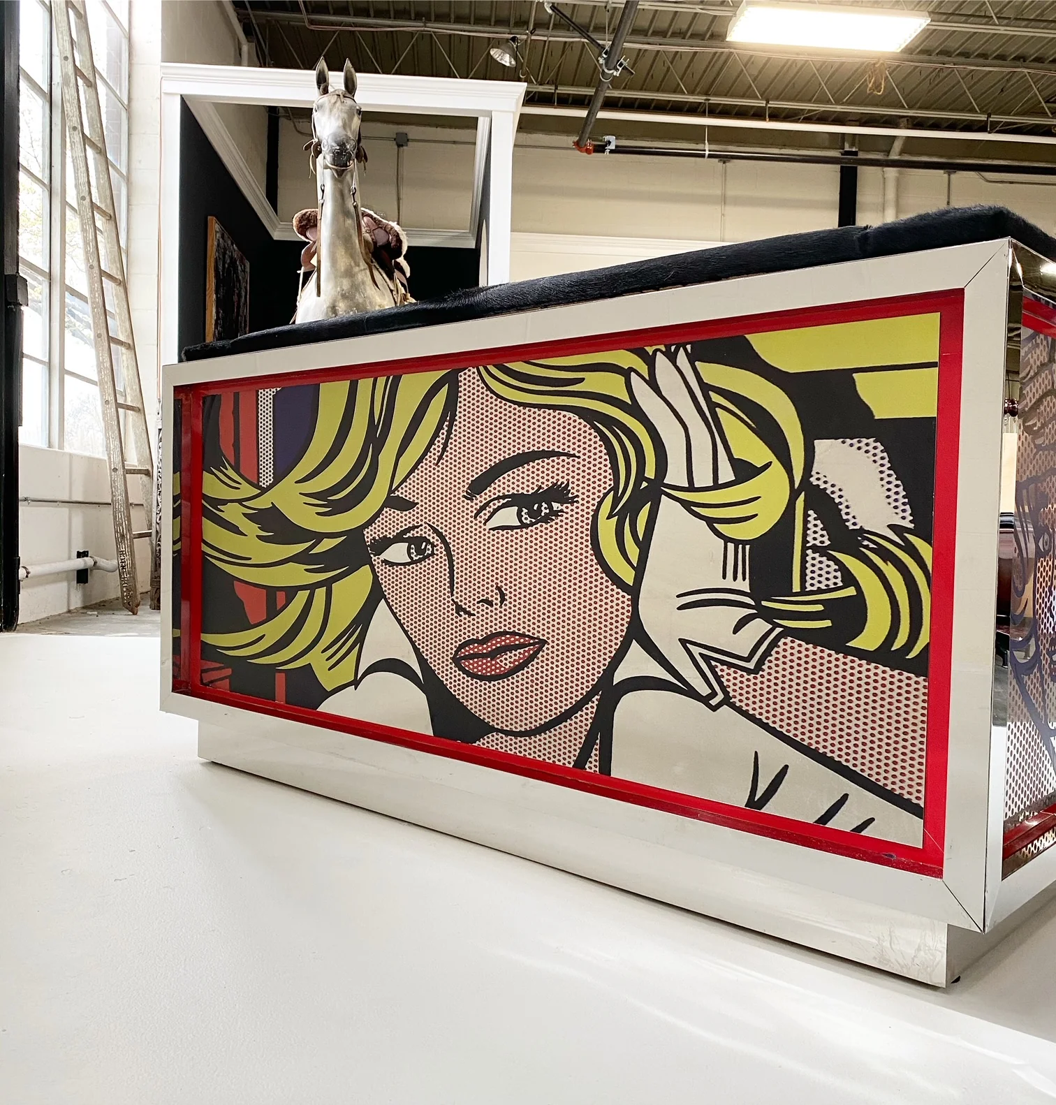 Chrome-plated Loveseat and Lounge Chairs with Lichtenstein Style Art in Brazilian Cowhide - Image 14