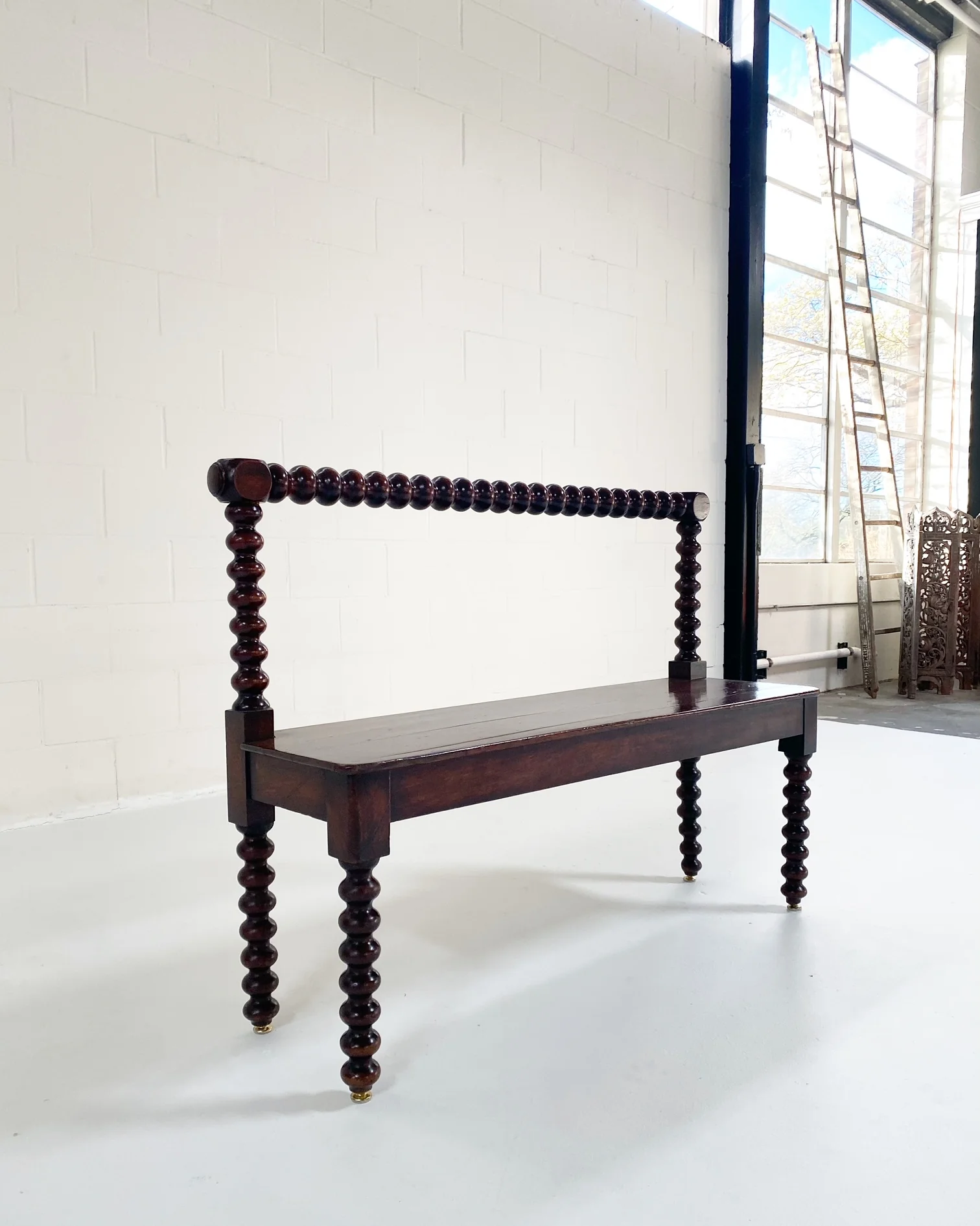 English Bobbin-Turned Mahogany Hall Bench - Image 4