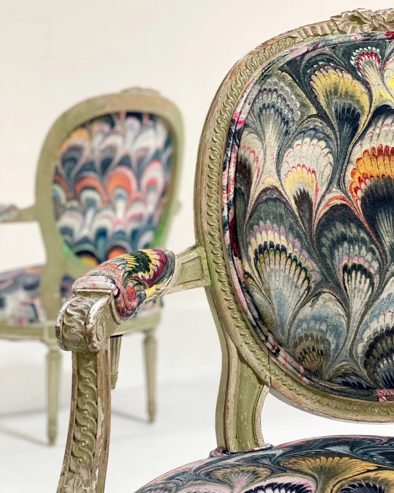 18th Century French Painted Chairs in Beata Heuman "Marbleized Velvet," pair - Image 3