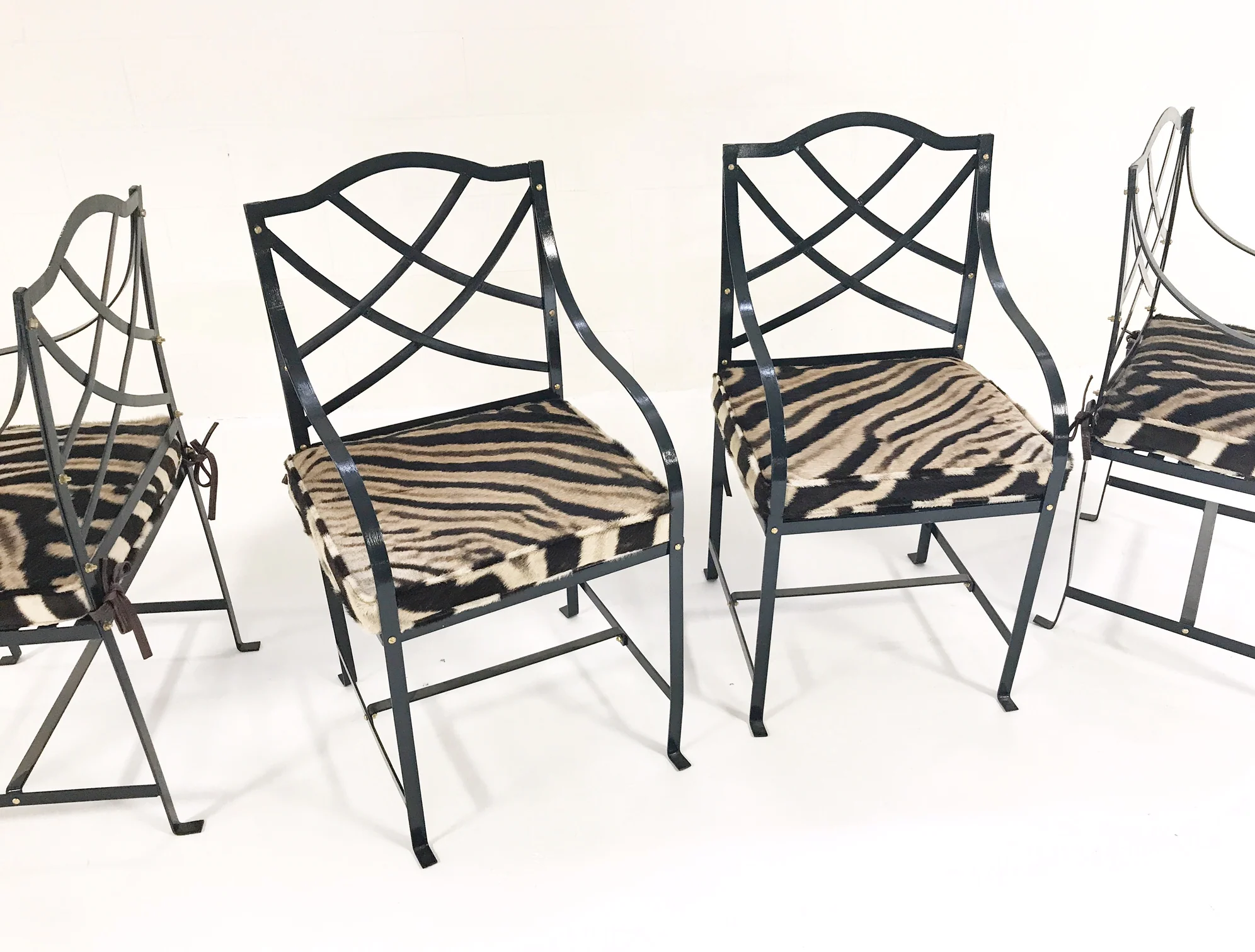 Iron Garden Chairs Painted Farrow & Ball Blue Black with Custom Zebra Hide Cushions, set of 4