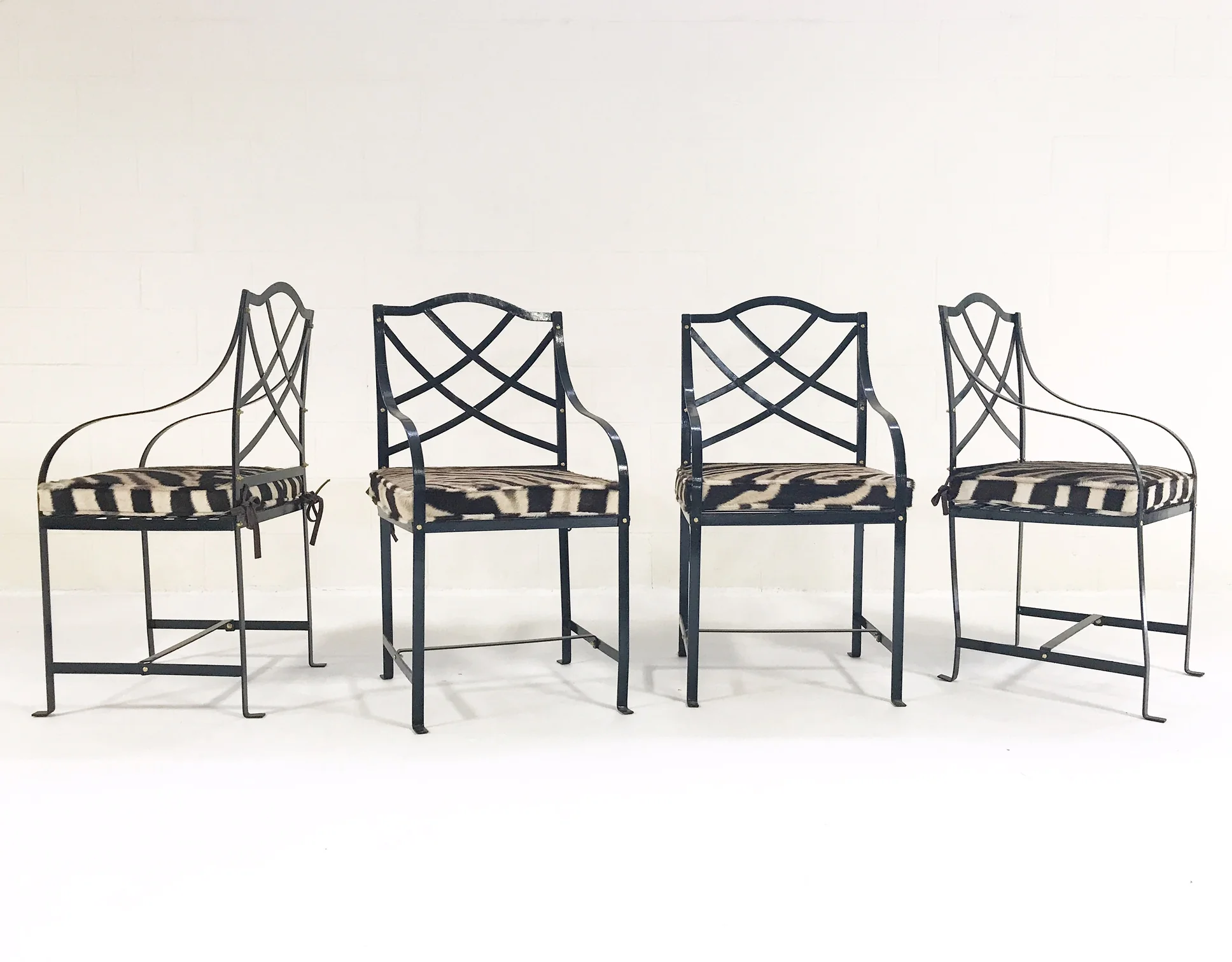 Iron Garden Chairs Painted Farrow & Ball Blue Black with Custom Zebra Hide Cushions, set of 4 - Image 2
