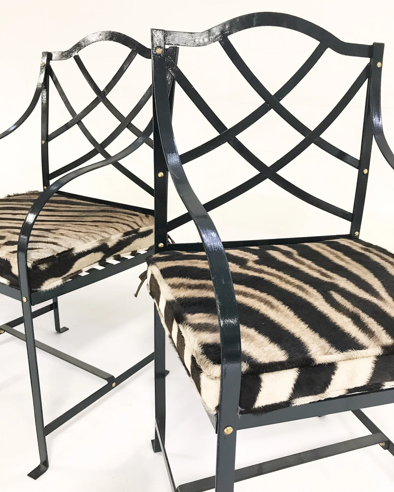 Iron Garden Chairs Painted Farrow & Ball Blue Black with Custom Zebra Hide Cushions, set of 4 - Image 4