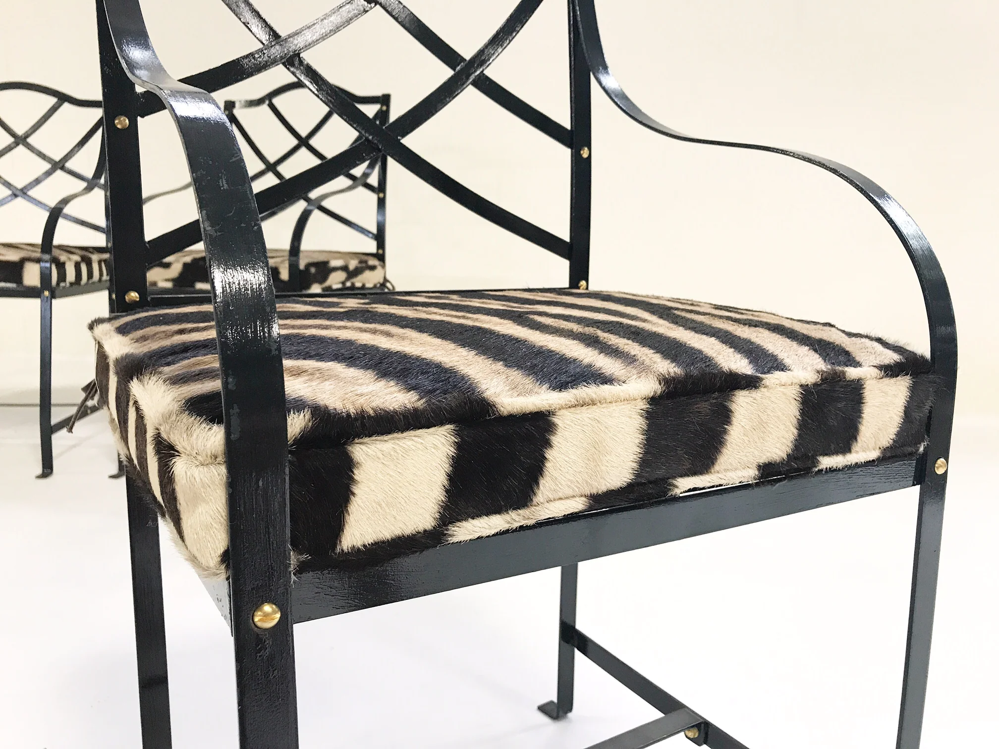 Iron Garden Chairs Painted Farrow & Ball Blue Black with Custom Zebra Hide Cushions, set of 4 - Image 5