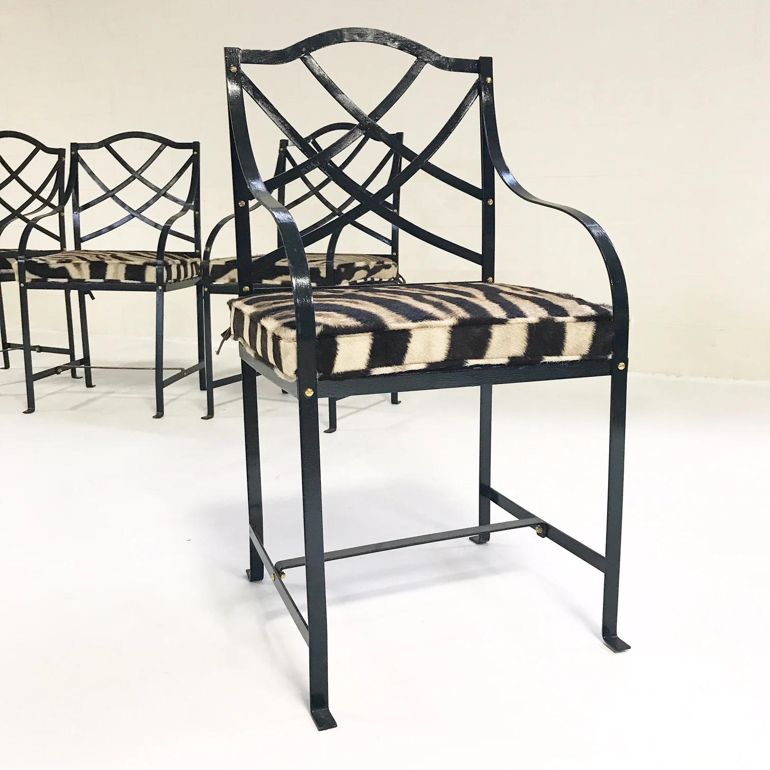 Iron Garden Chairs Painted Farrow & Ball Blue Black with Custom Zebra Hide Cushions, set of 4 - Image 6
