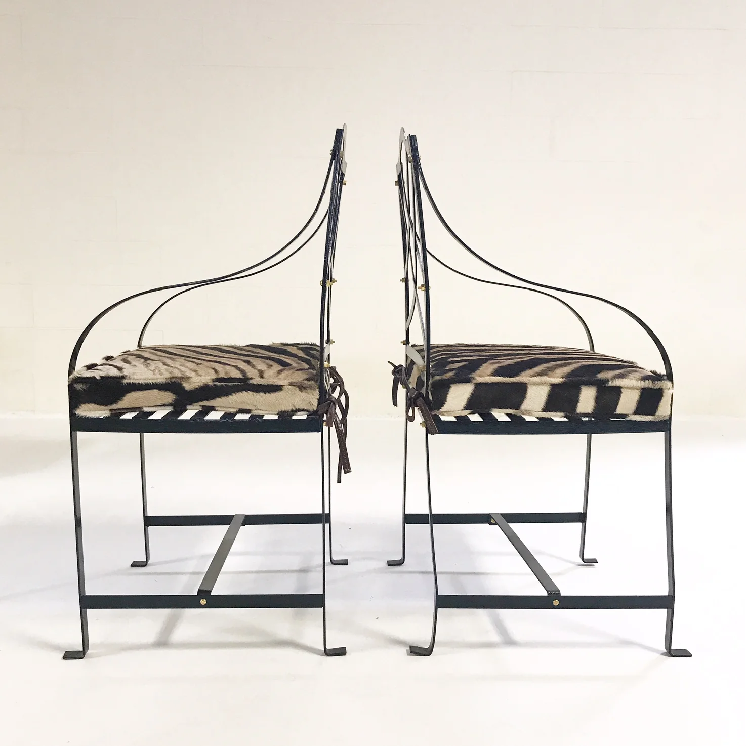 Iron Garden Chairs Painted Farrow & Ball Blue Black with Custom Zebra Hide Cushions, set of 4 - Image 7