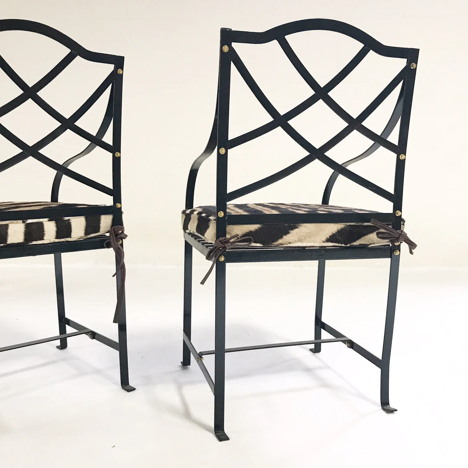Iron Garden Chairs Painted Farrow & Ball Blue Black with Custom Zebra Hide Cushions, set of 4 - Image 8