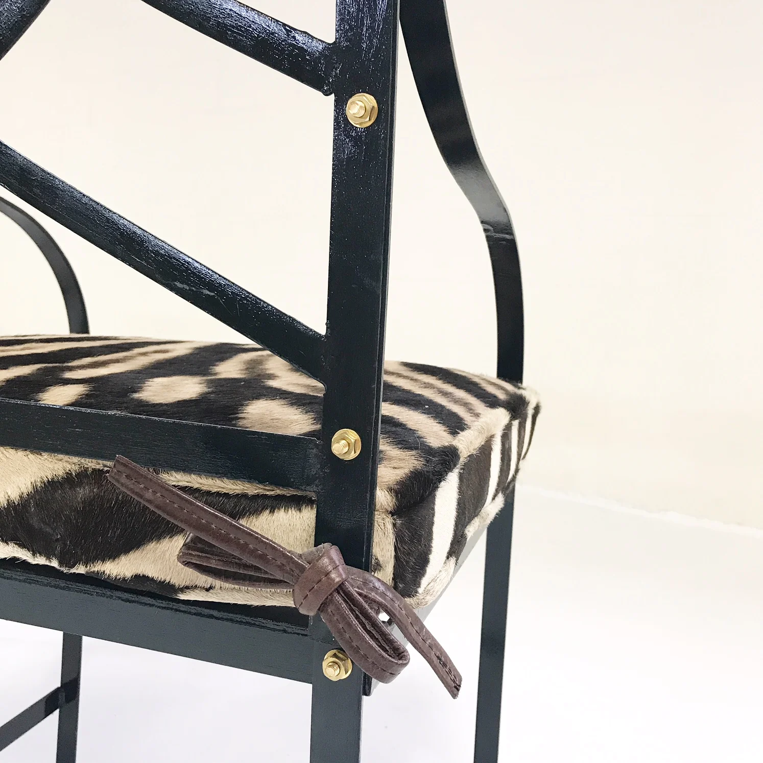 Iron Garden Chairs Painted Farrow & Ball Blue Black with Custom Zebra Hide Cushions, set of 4 - Image 9