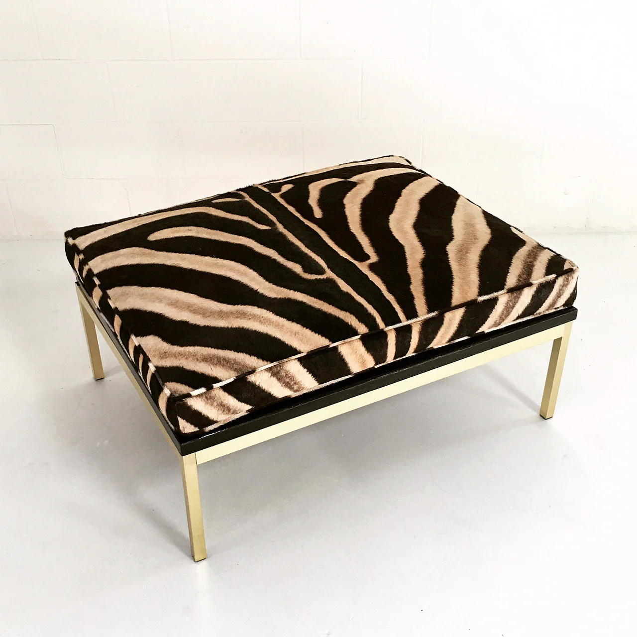 Knoll Style Zebra Hide and Brass Ottomans, pair - Image 3