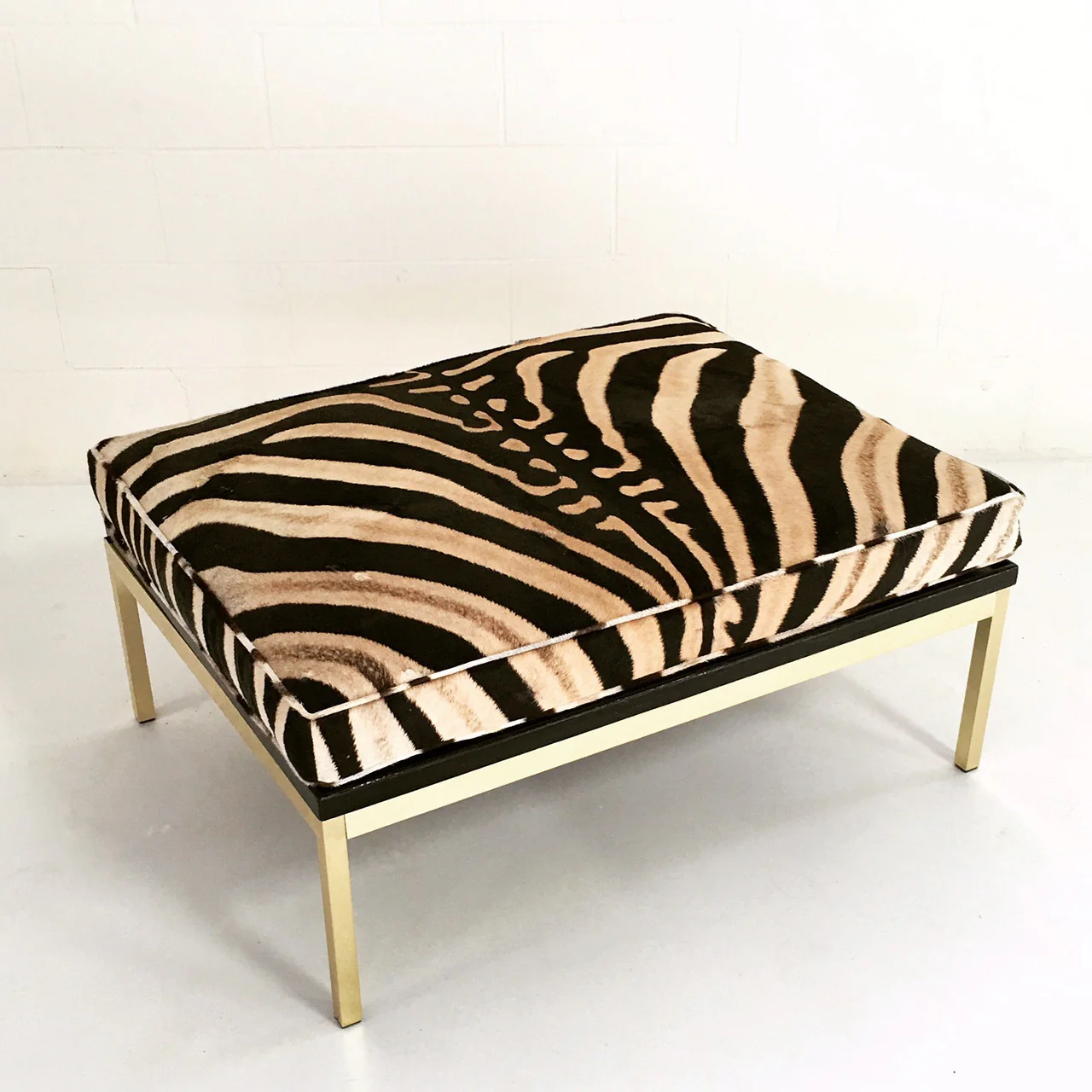 Knoll Style Zebra Hide and Brass Ottomans, pair - Image 5