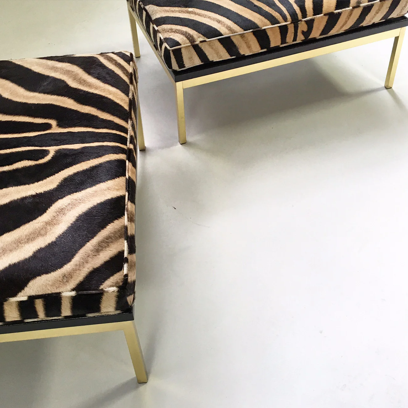 Knoll Style Zebra Hide and Brass Ottomans, pair - Image 7