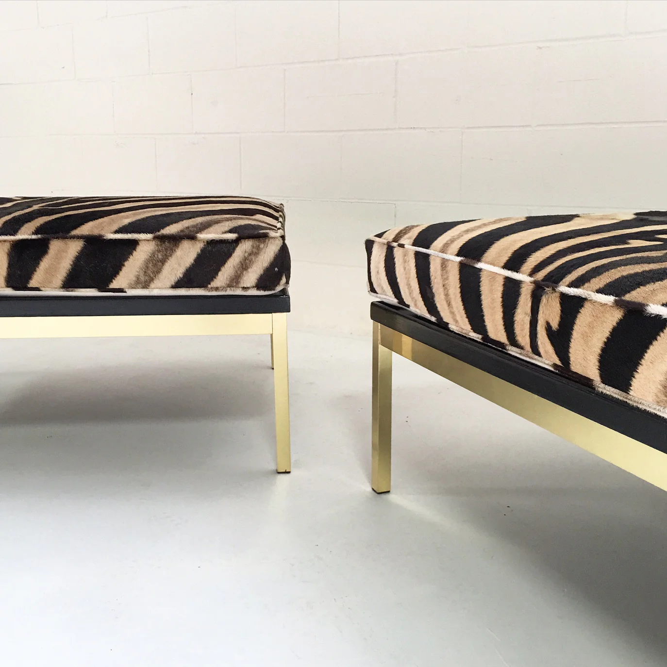 Knoll Style Zebra Hide and Brass Ottomans, pair - Image 8