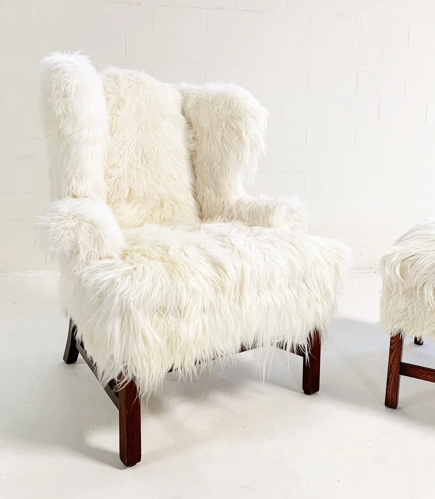 Large Wingback Chair and Ottoman in Angora Goatskin