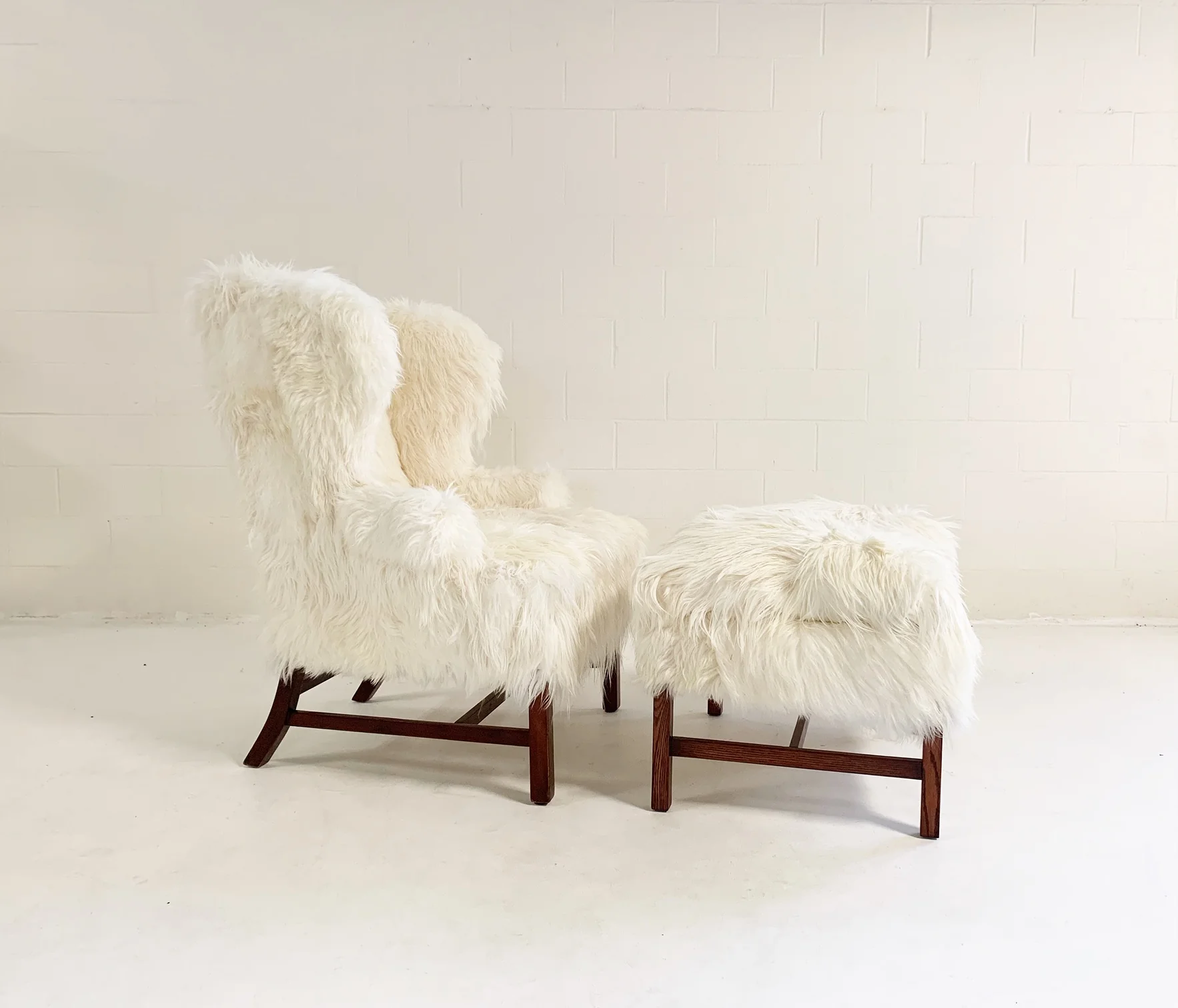 Large Wingback Chair and Ottoman in Angora Goatskin - Image 2