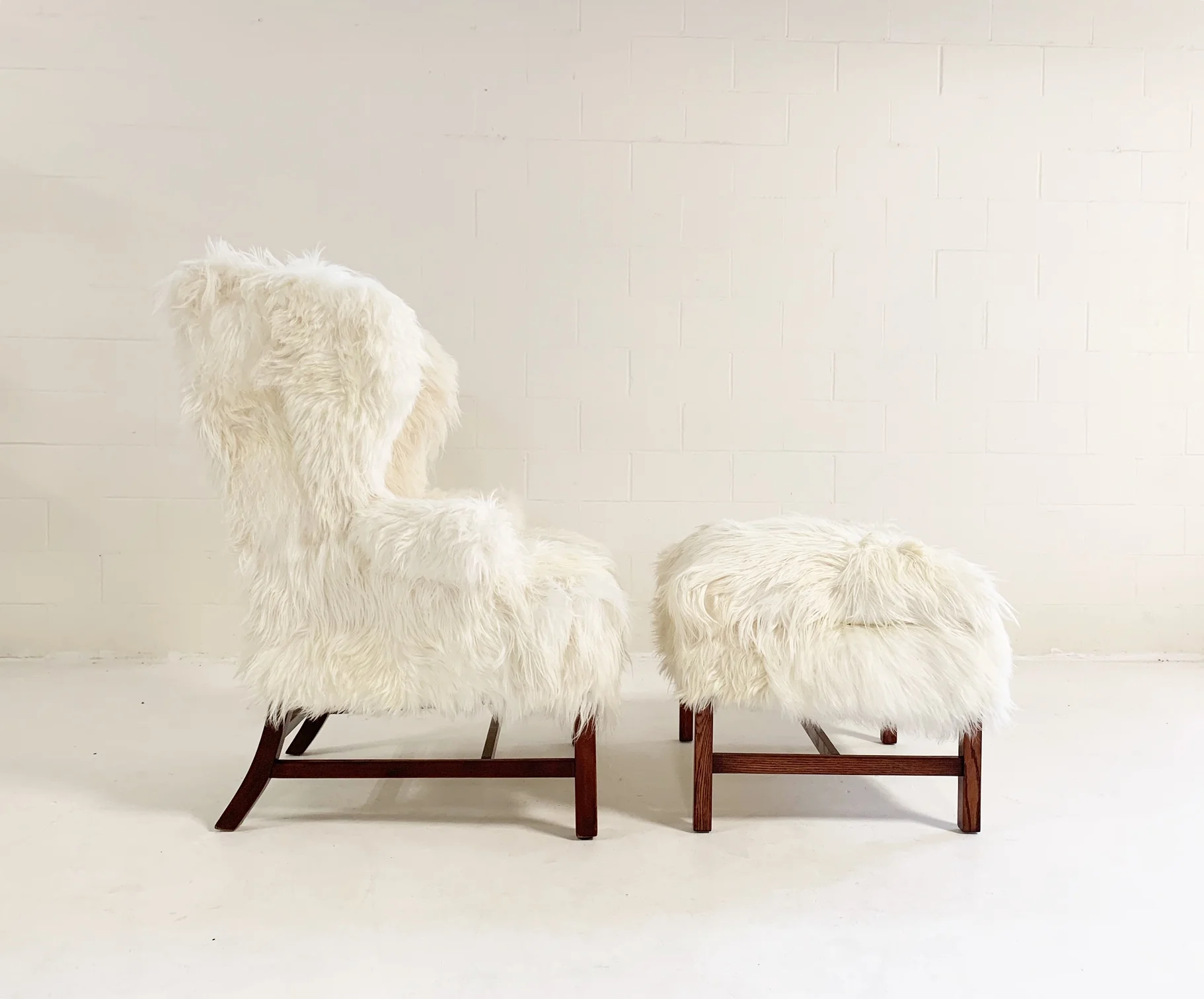 Large Wingback Chair and Ottoman in Angora Goatskin - Image 6