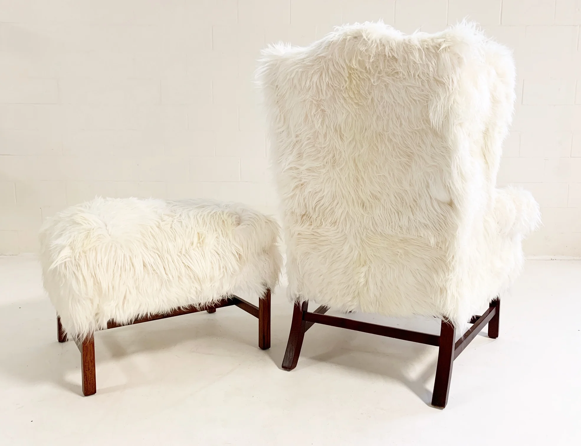 Large Wingback Chair and Ottoman in Angora Goatskin - Image 8