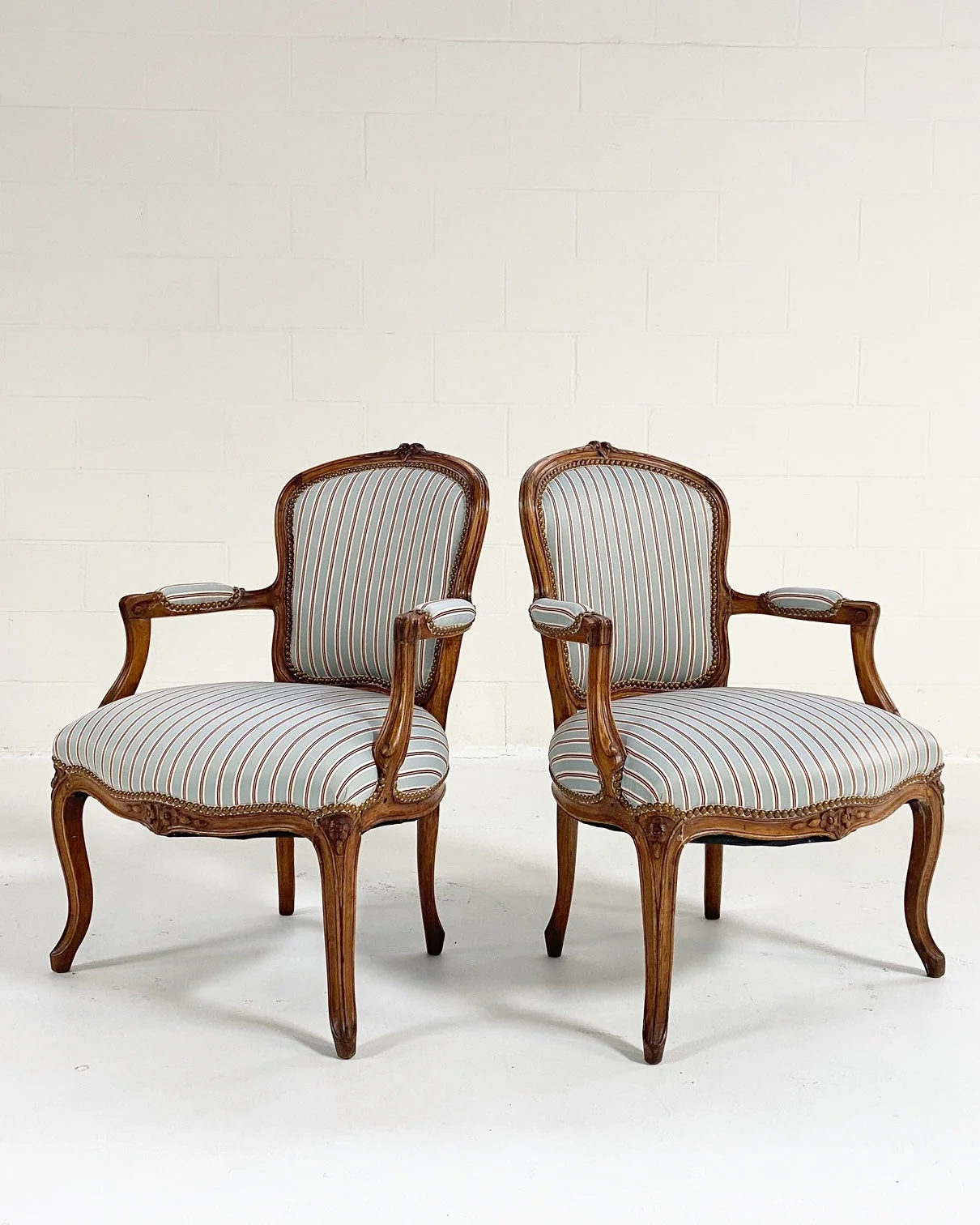 Louis XV Style Beech Fauteuils in Dedar Stripe, Pair