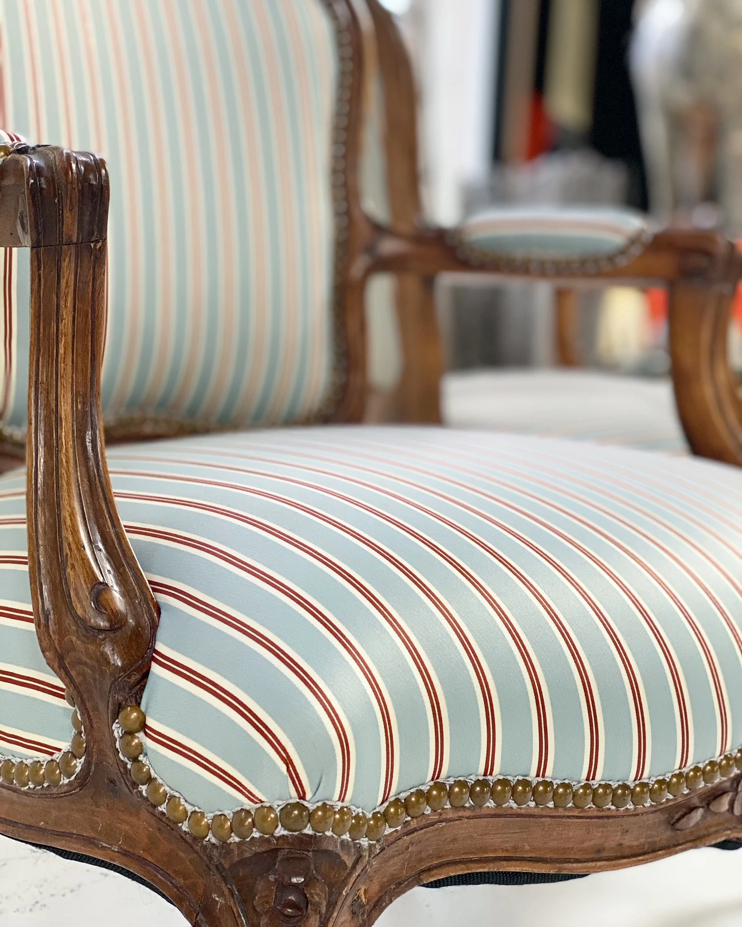 Louis XV Style Beech Fauteuils in Dedar Stripe, Pair - Image 4