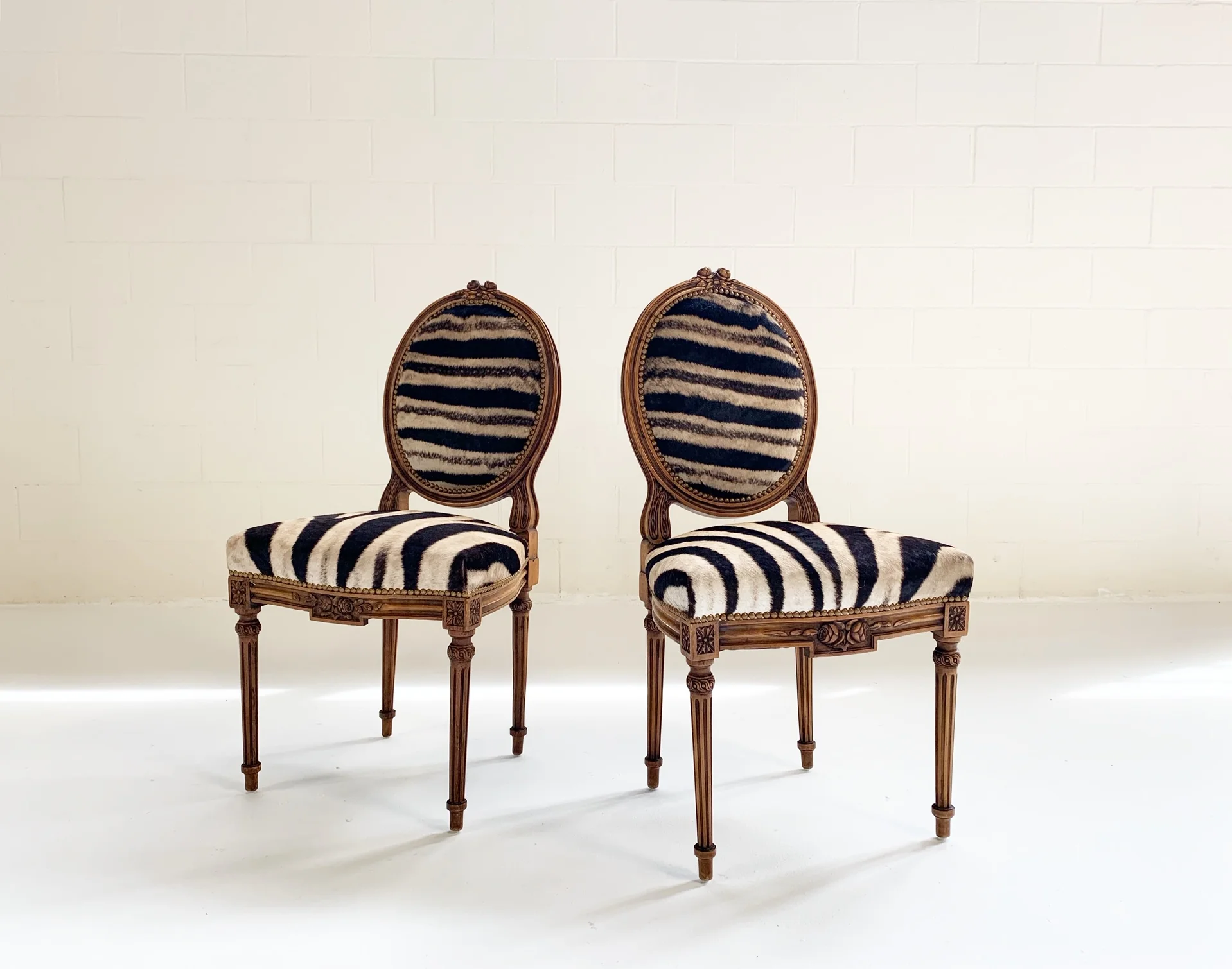 Louis XVI Style Side Chairs in Zebra Hide, pair