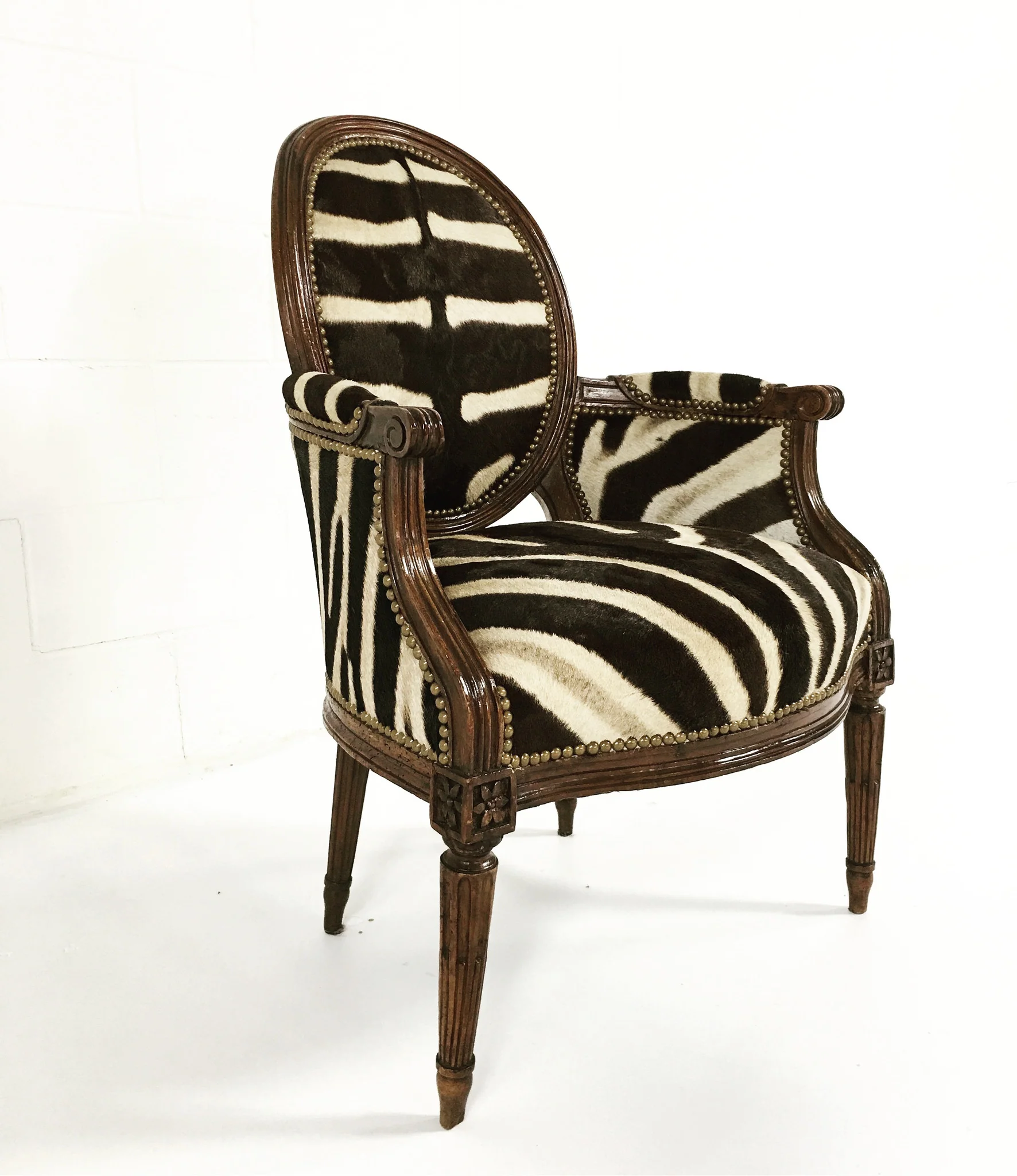 Louis XVI Style Walnut Bergere in Zebra Hide