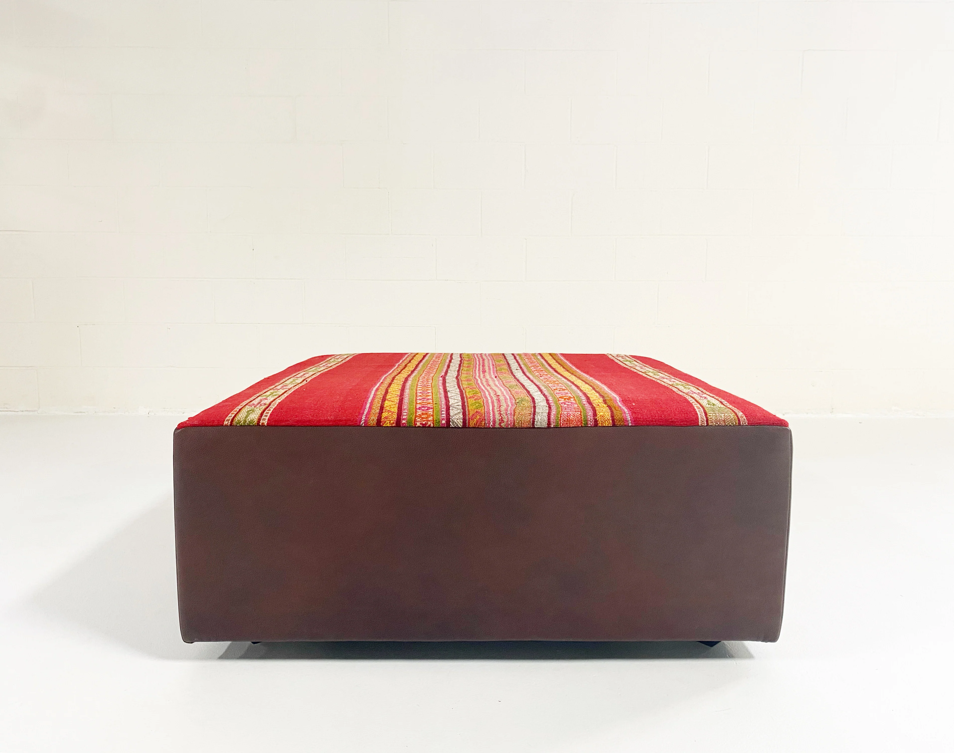 One-of-a-Kind Ottoman with Vintage Peruvian Textile, Red