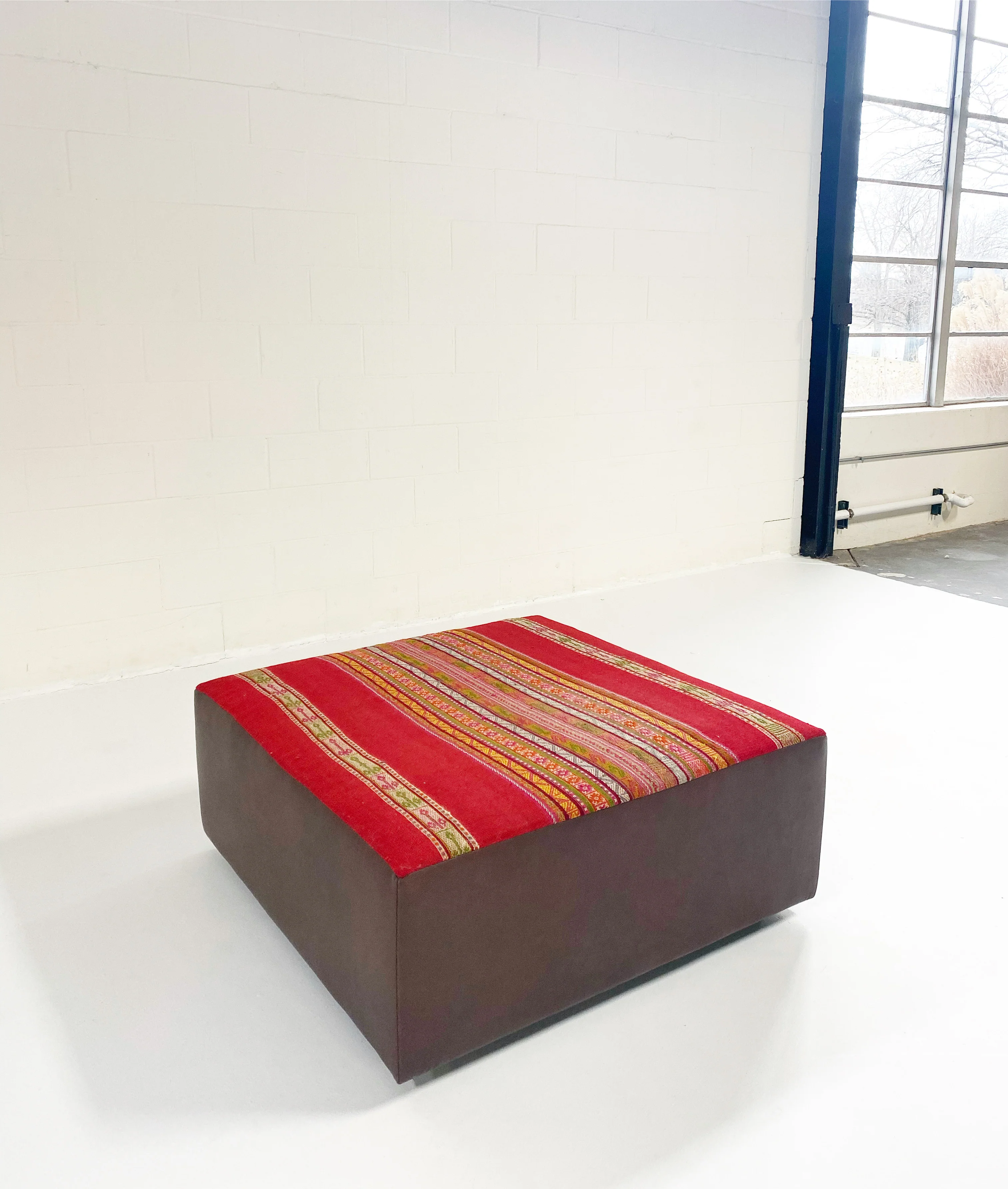 One-of-a-Kind Ottoman with Vintage Peruvian Textile, Red - Image 3
