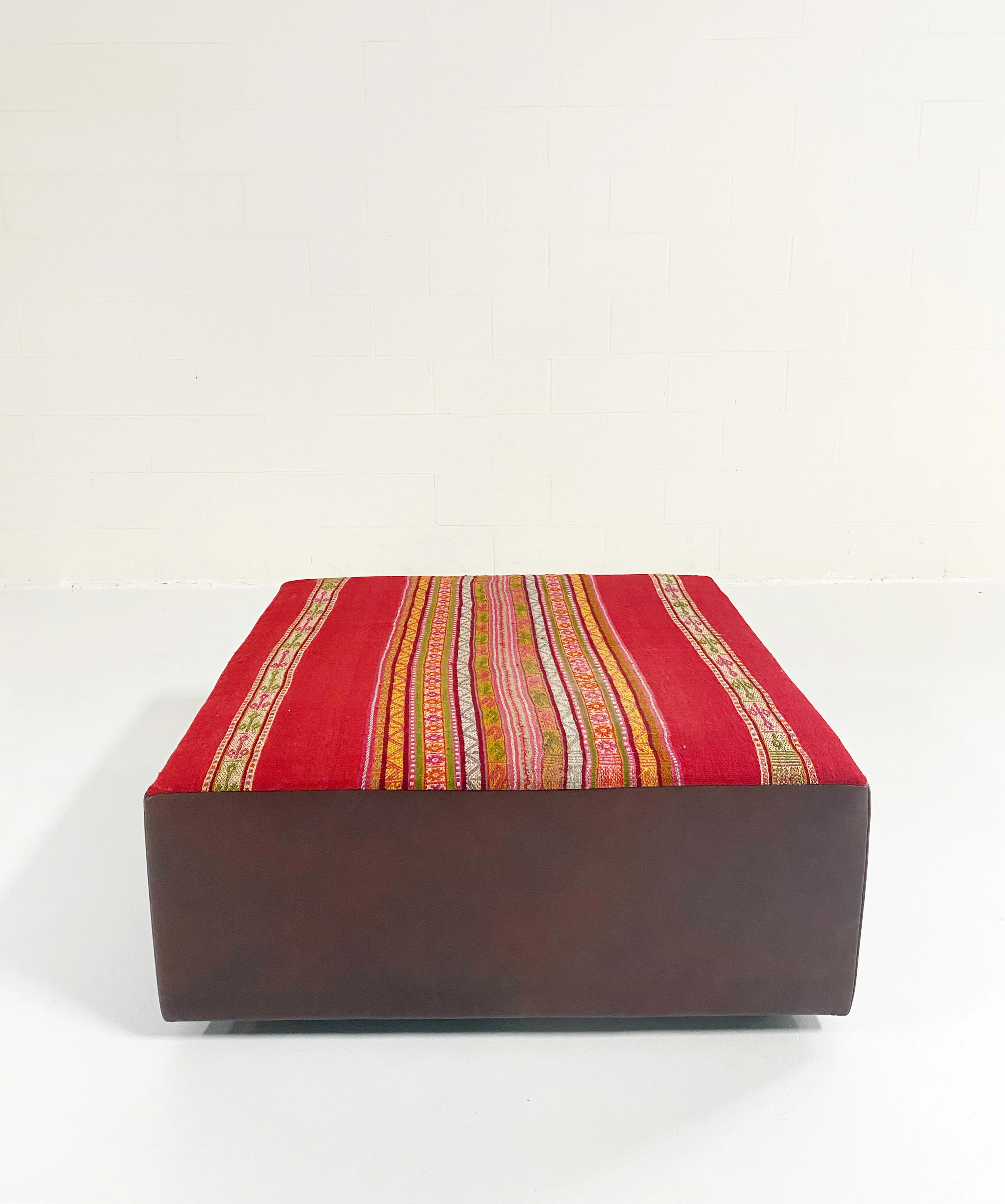One-of-a-Kind Ottoman with Vintage Peruvian Textile, Red - Image 4