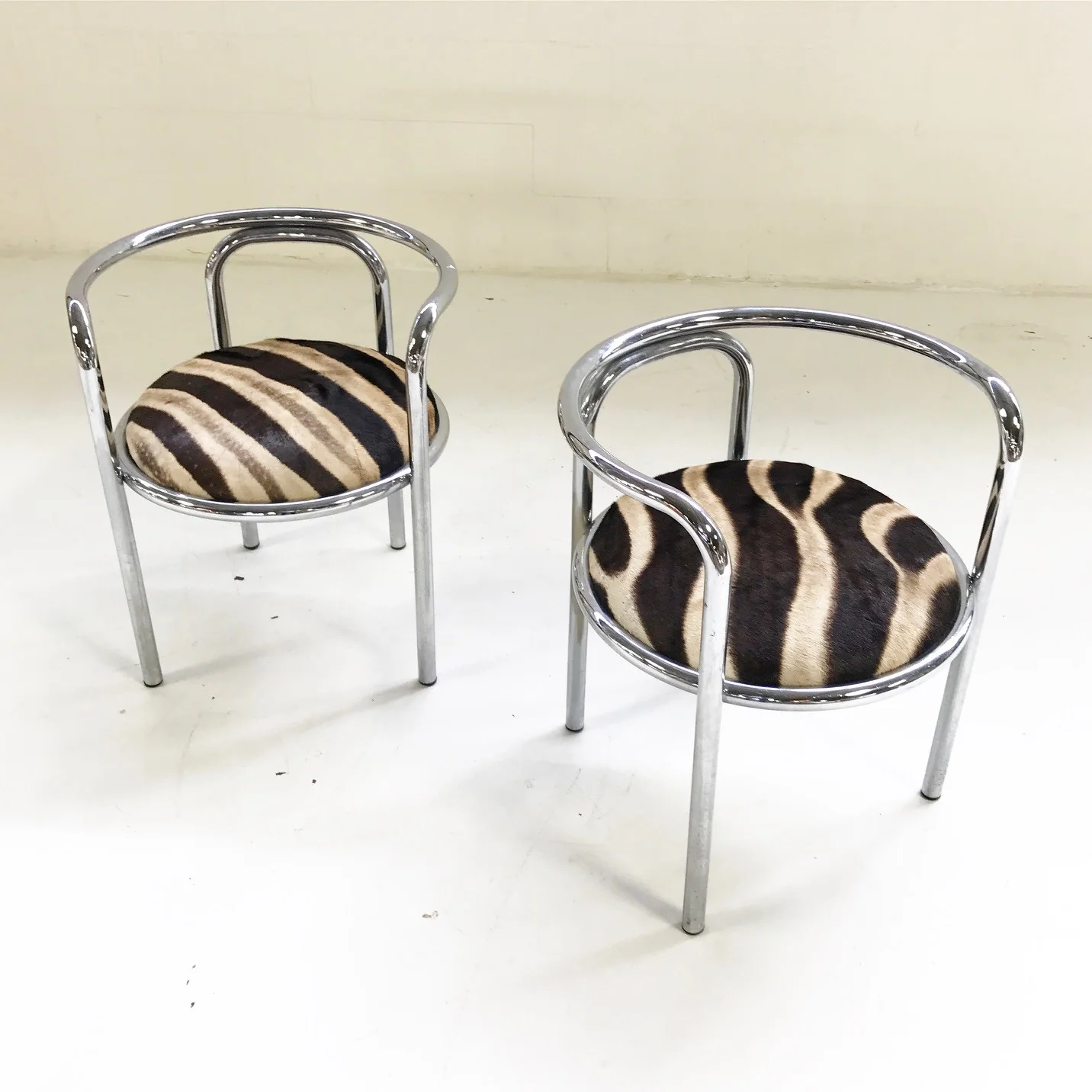 Danish Chrome Chairs in Zebra Hide, pair